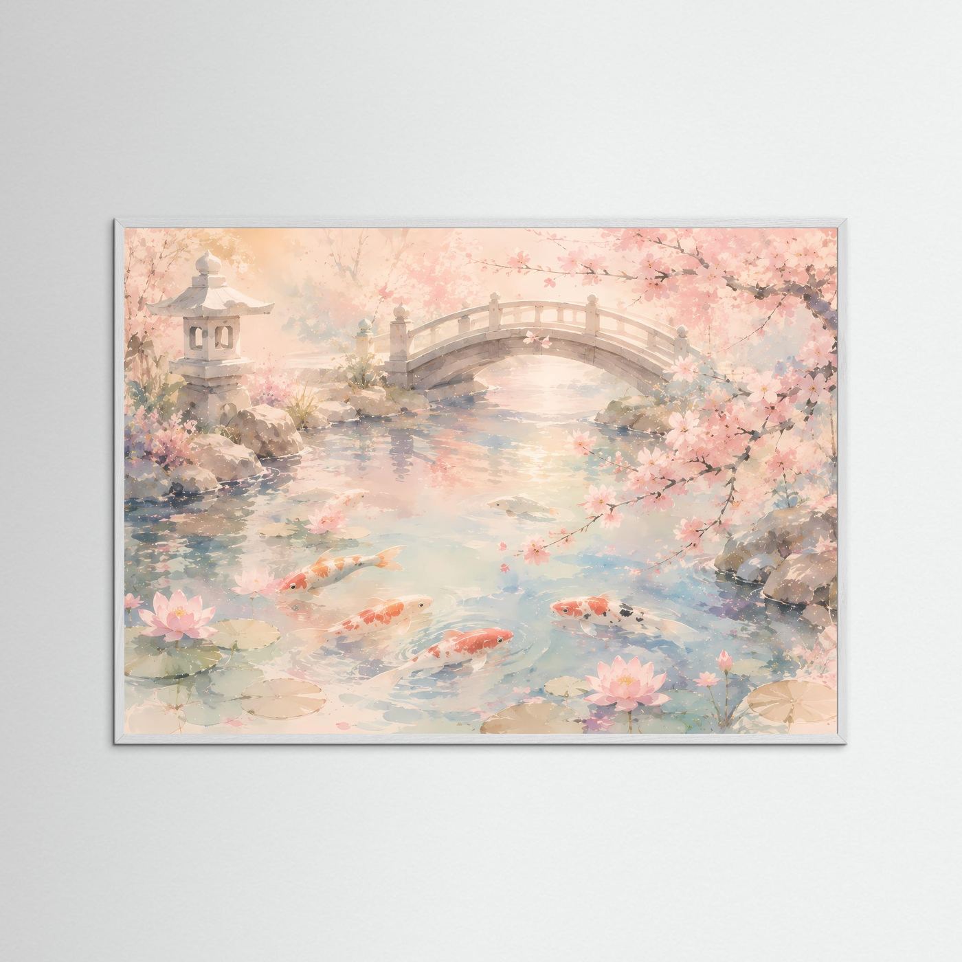 Japanischer Koi-Teich mit Kirschblüten | Zen Garten in Pastell Rosa