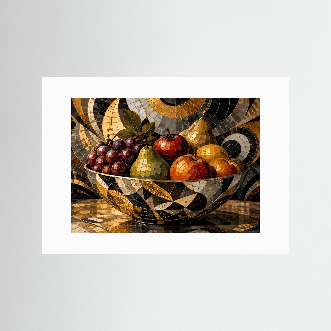 Mosaik-Obststillleben mit weißem Passepartout; Obstschale mit Trauben, Äpfeln und Birnen