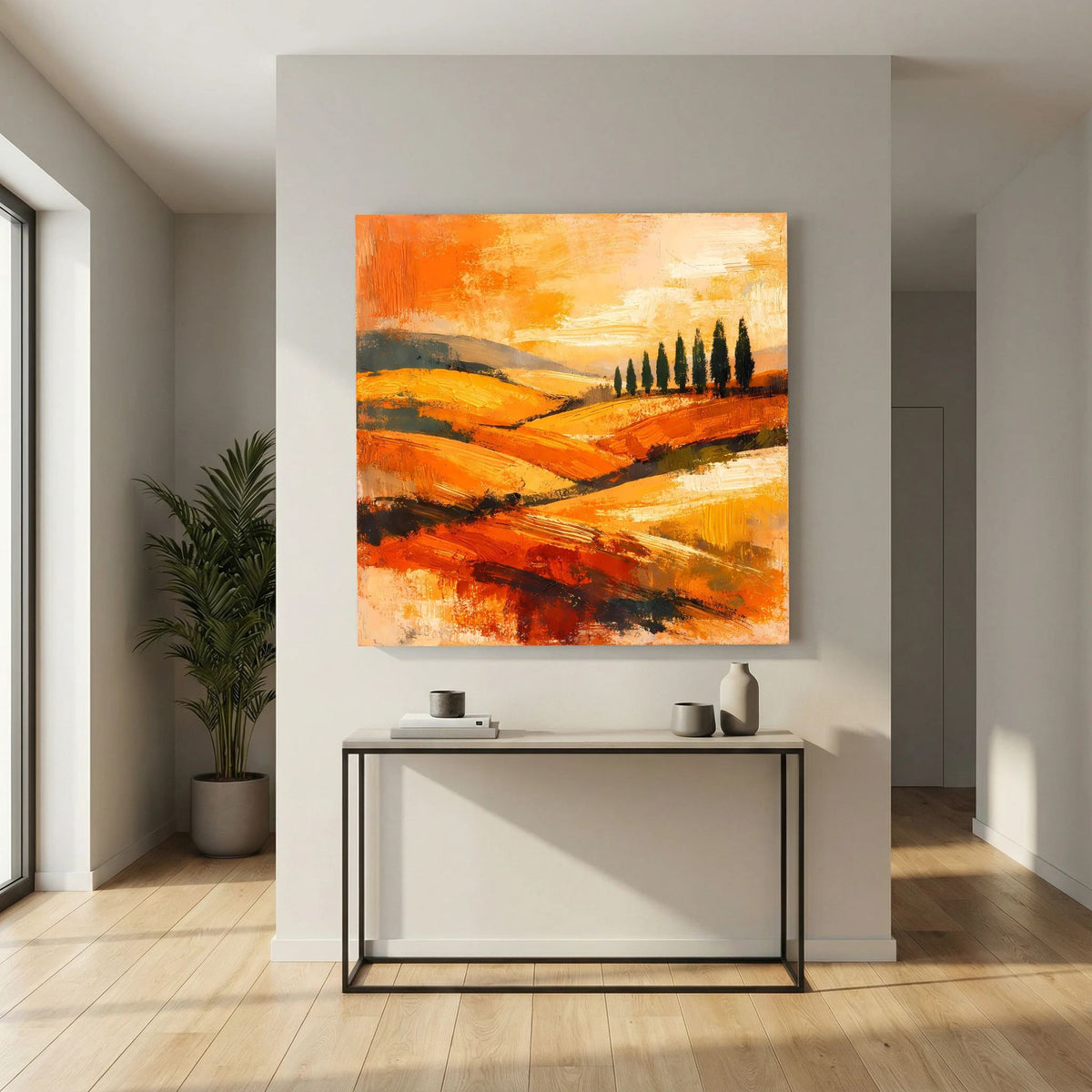 Leinwand-Wandbild mit Holzrahmen: orange-gelbe Pinselstruktur, Zypressen entlang dunkler Hügel.