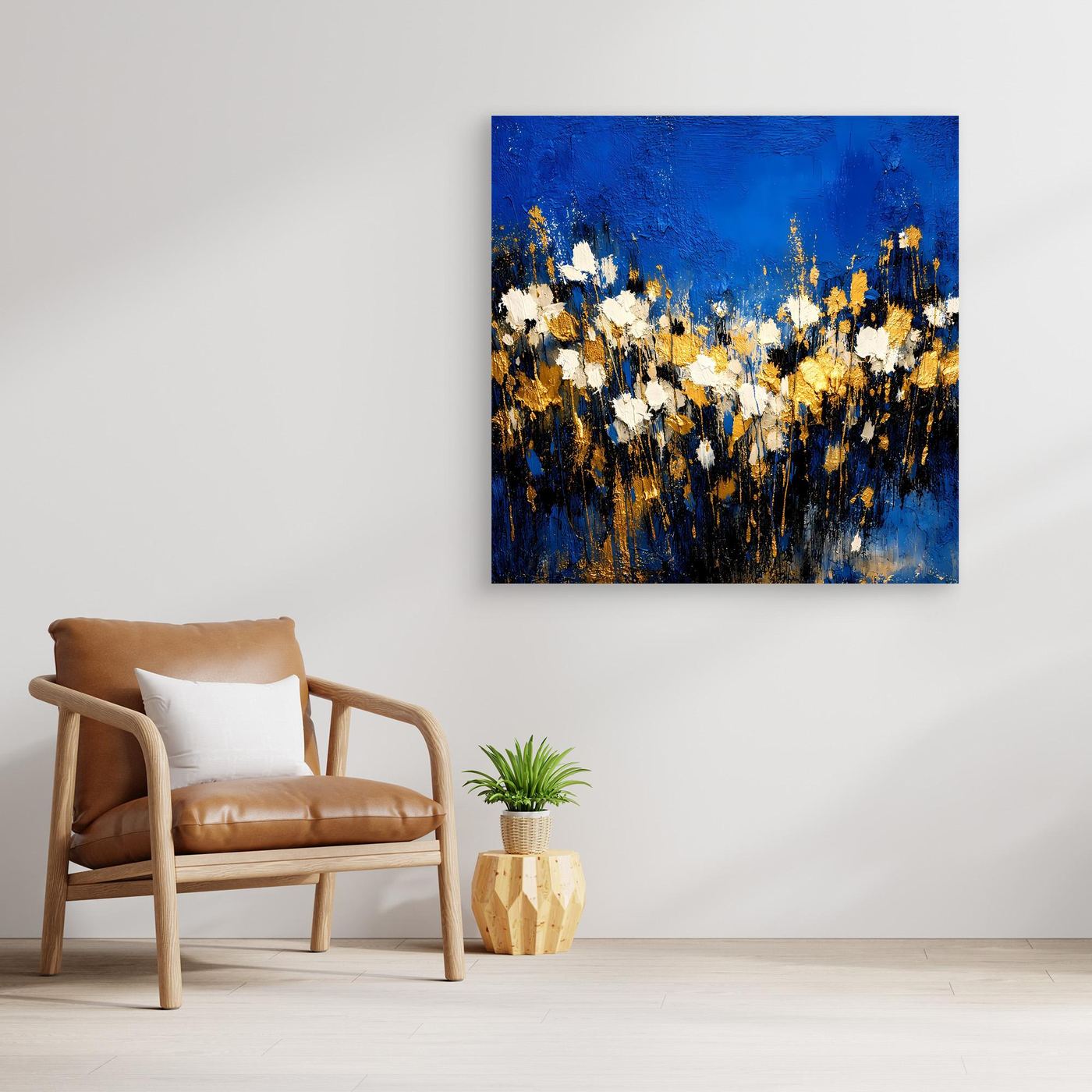 Wandbild: abstrakte Blumenwiese in Blau, Weiß und Gold, quadratisch mit Farbflächen