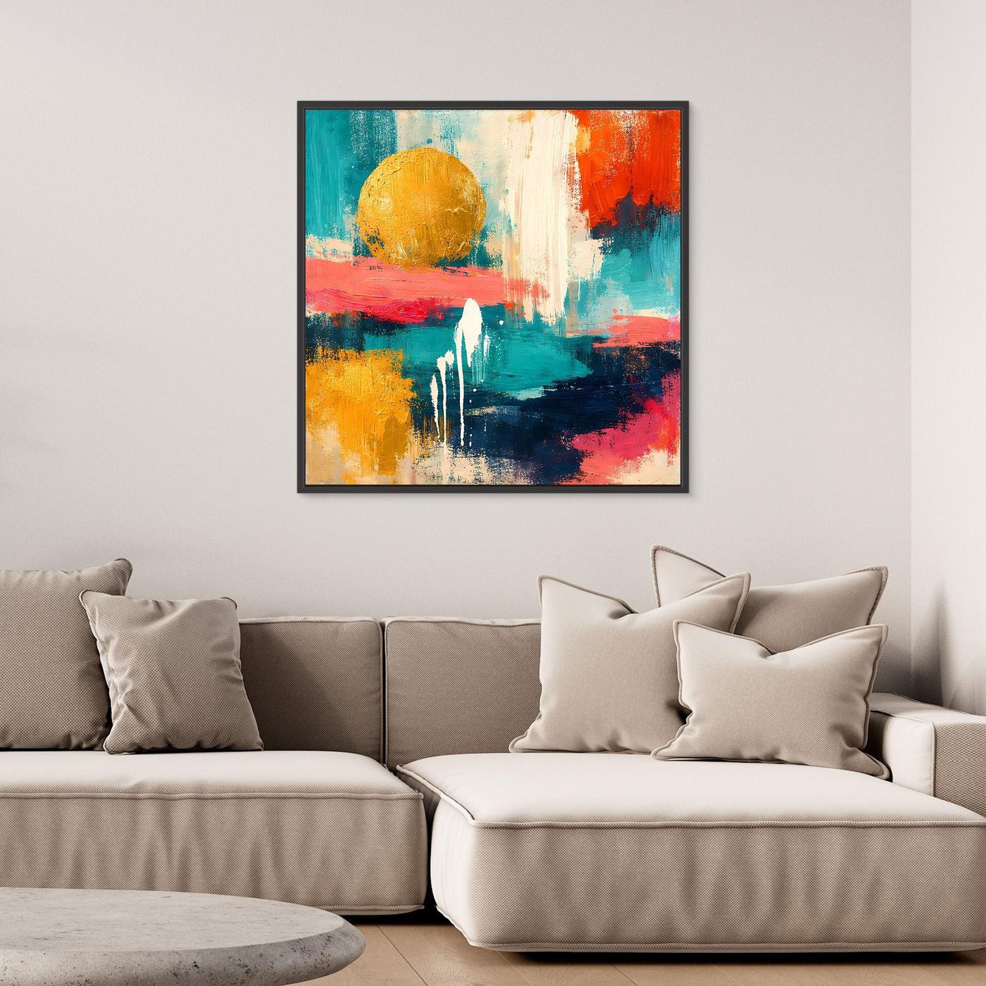 Abstraktes Wandbild mit goldener Sonne und farbigen Akzenten, schwarzer Rahmen