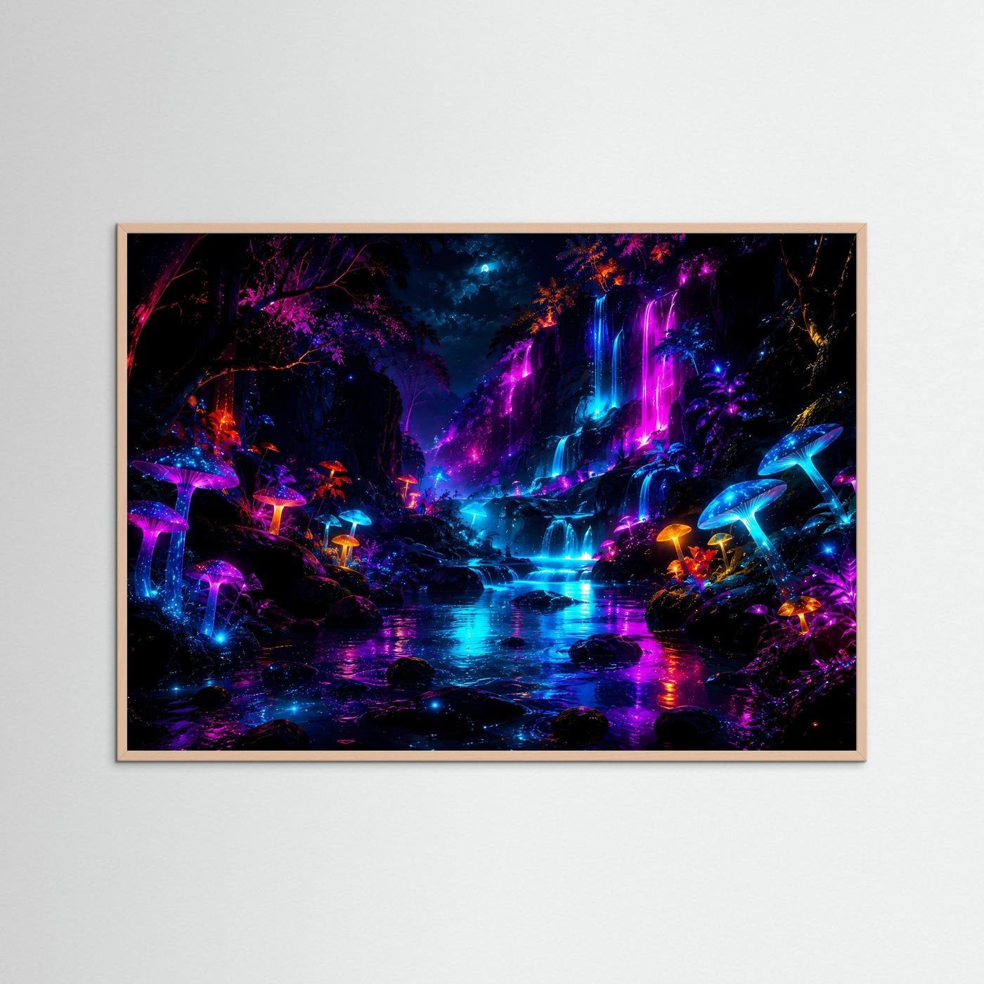 Wandkunst mit neonfarbenem Wasserfall und leuchtenden Pilzen, hellbrauner Holzrahmen