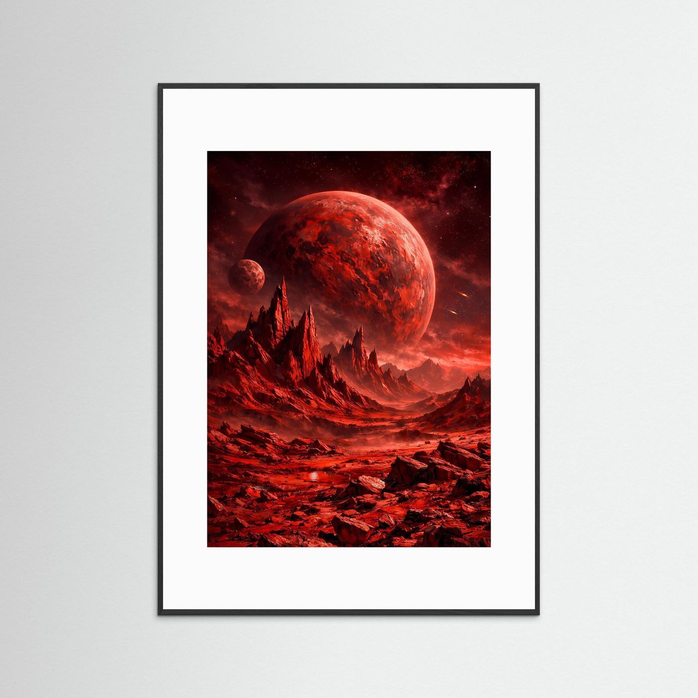 Sci‑Fi-Kunstposter mit schwarzem Rahmen und weißem Passepartout: roter Planet, Felszacken