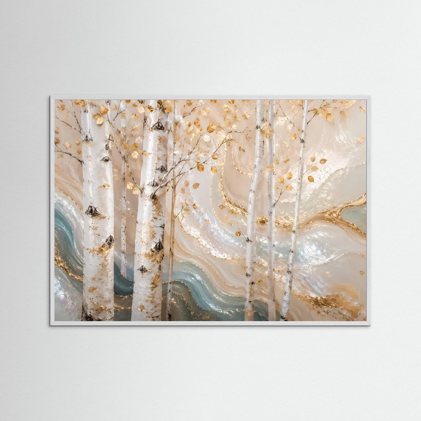Wandposter mit abstraktem Birkenwald in Creme und Gold, querformatig