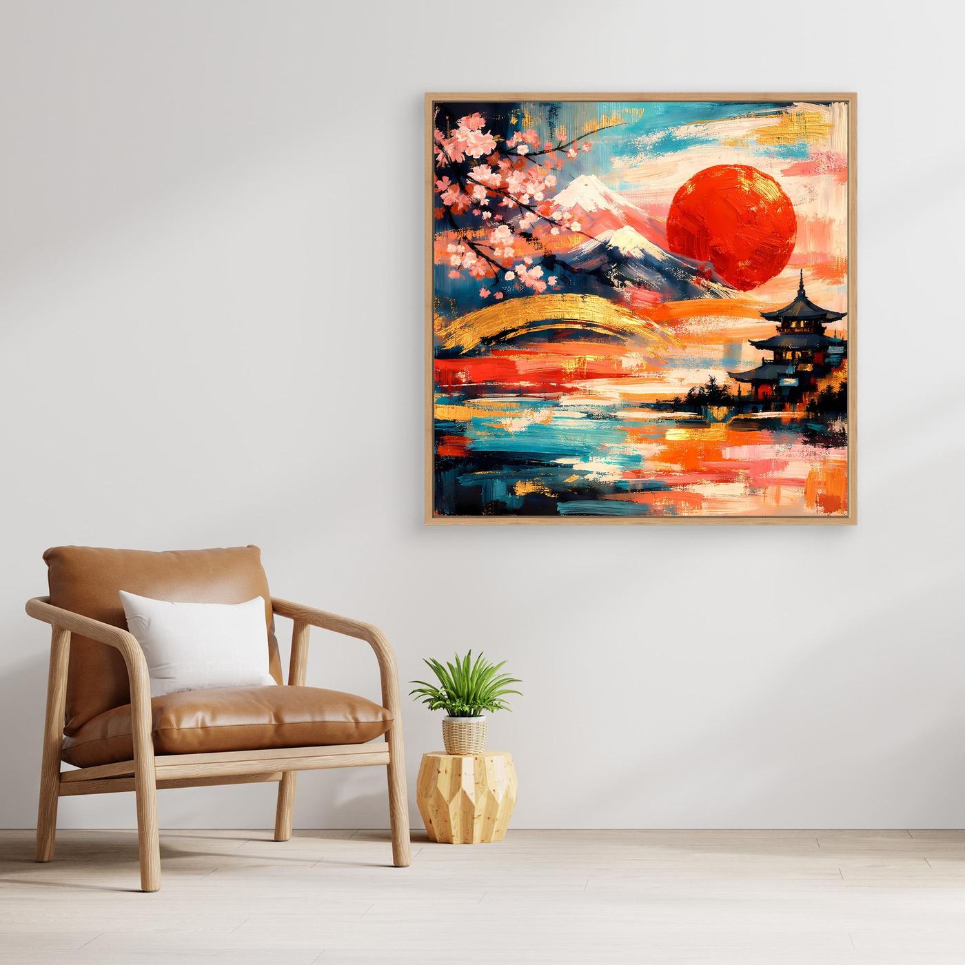 Leinwandbild mit Holzrahmen: roter Sonnenkreis über Fuji mit Kirschblüten und Pagode