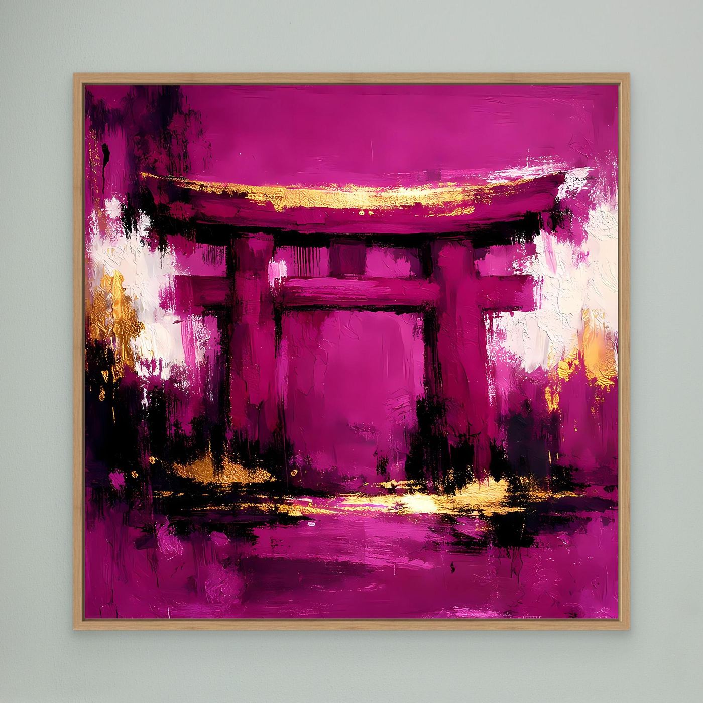 Leinwand Mystisches Torii-Tor in Magenta | Abstraktes Japan Wandbild Moderne Kunst