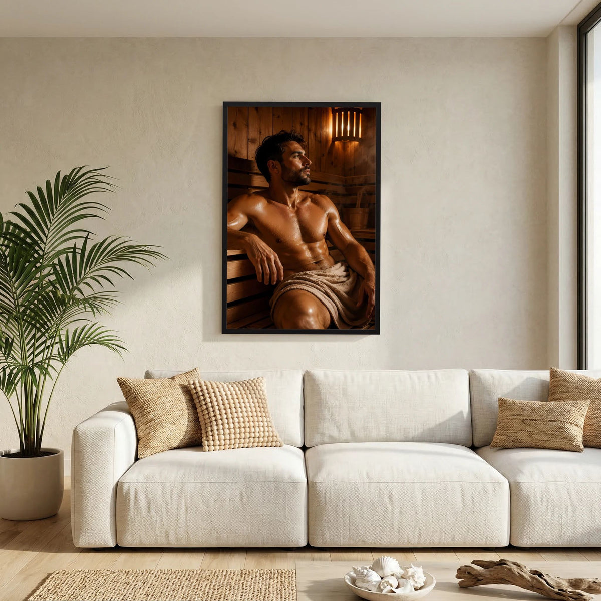 Sauna-Poster mit sitzendem Mann im Holzsauna-Ausschnitt, ohne erkennbaren Rahmen