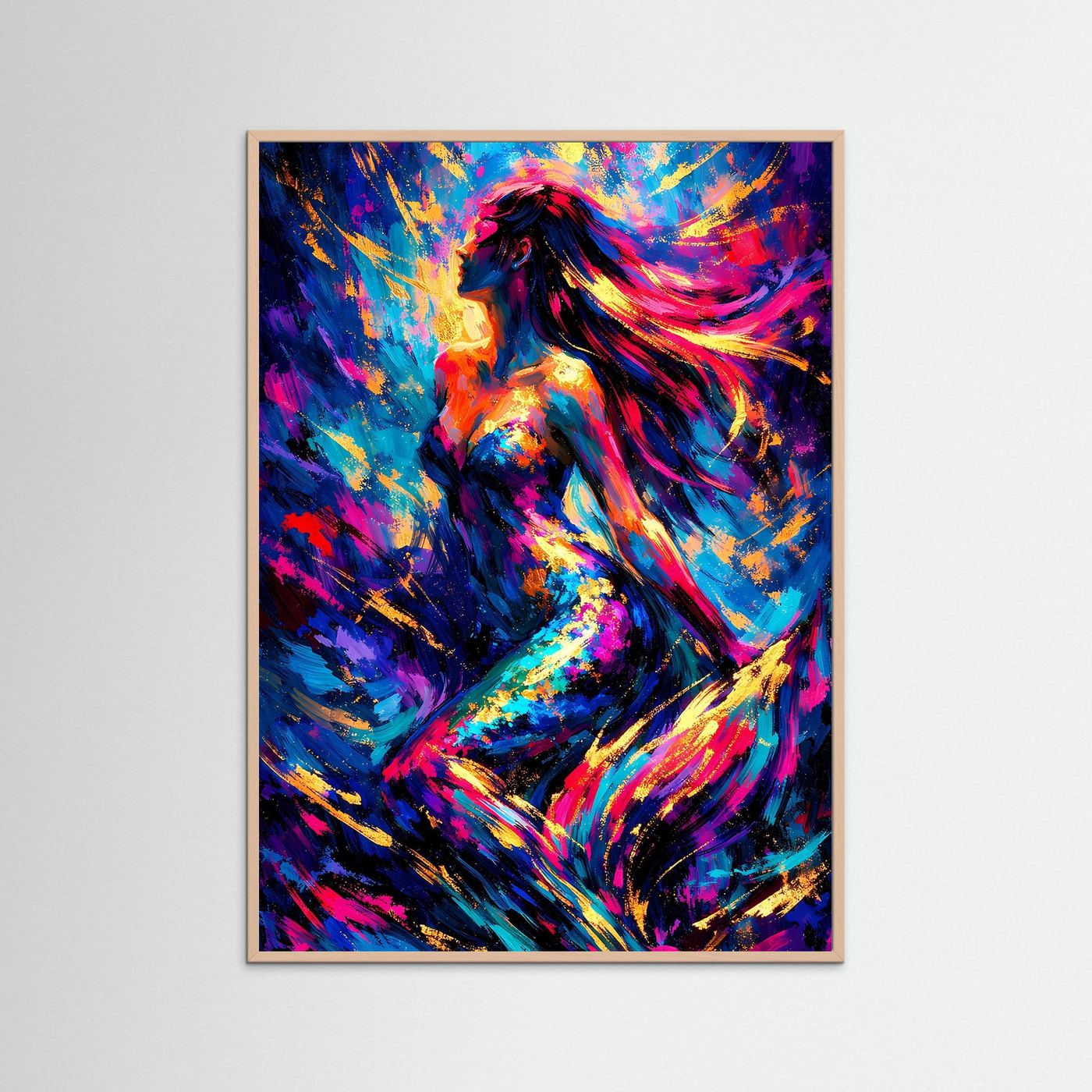 Gerahmtes Kunstposter (rosa Holzrahmen) mit Frauensilhouette in Neonfarben und goldgelben Akzenten