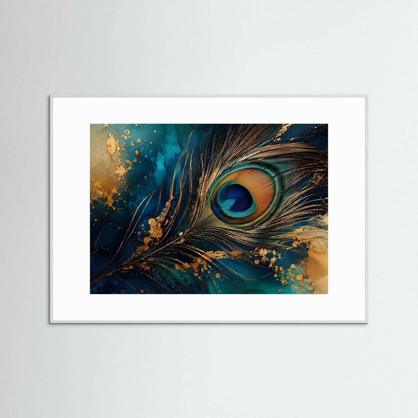Pfauenfeder in Petrol & Gold | Luxuriöse abstrakte Wandkunst