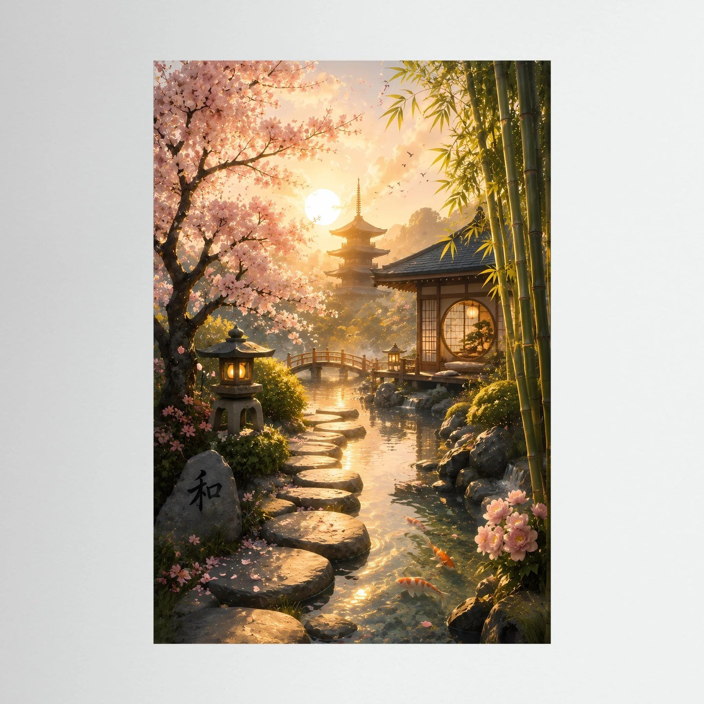 Hochformatiges Poster mit Zen-Garten-Motiv: Kirschblüten, Bambus und beleuchteter Wasserlauf