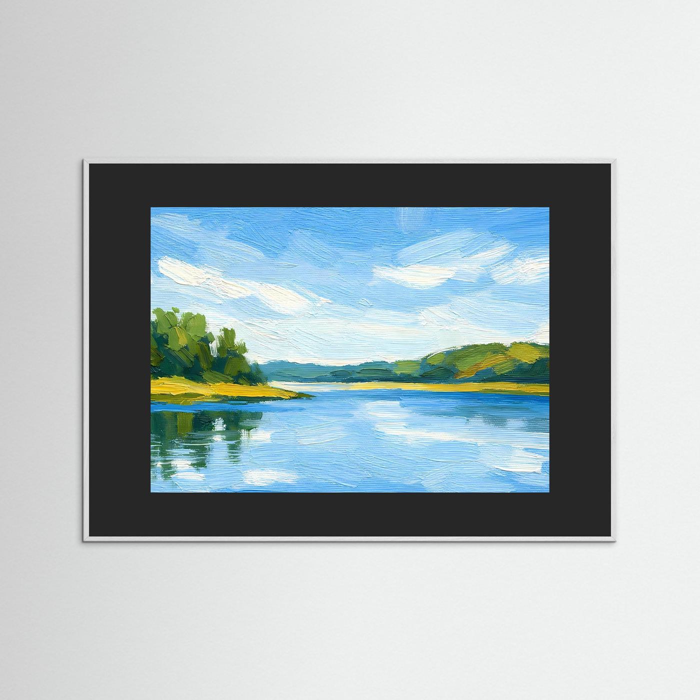 Wandposter mit Landschaftsmotiv aus See und Himmel, schwarzer Rahmen