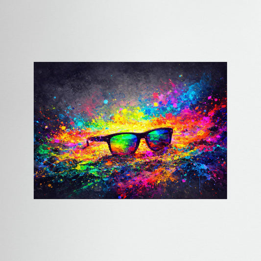 Querformat-Poster mit abstrakten Sonnenbrillen, Farbexplosion auf dunklem Hintergrund