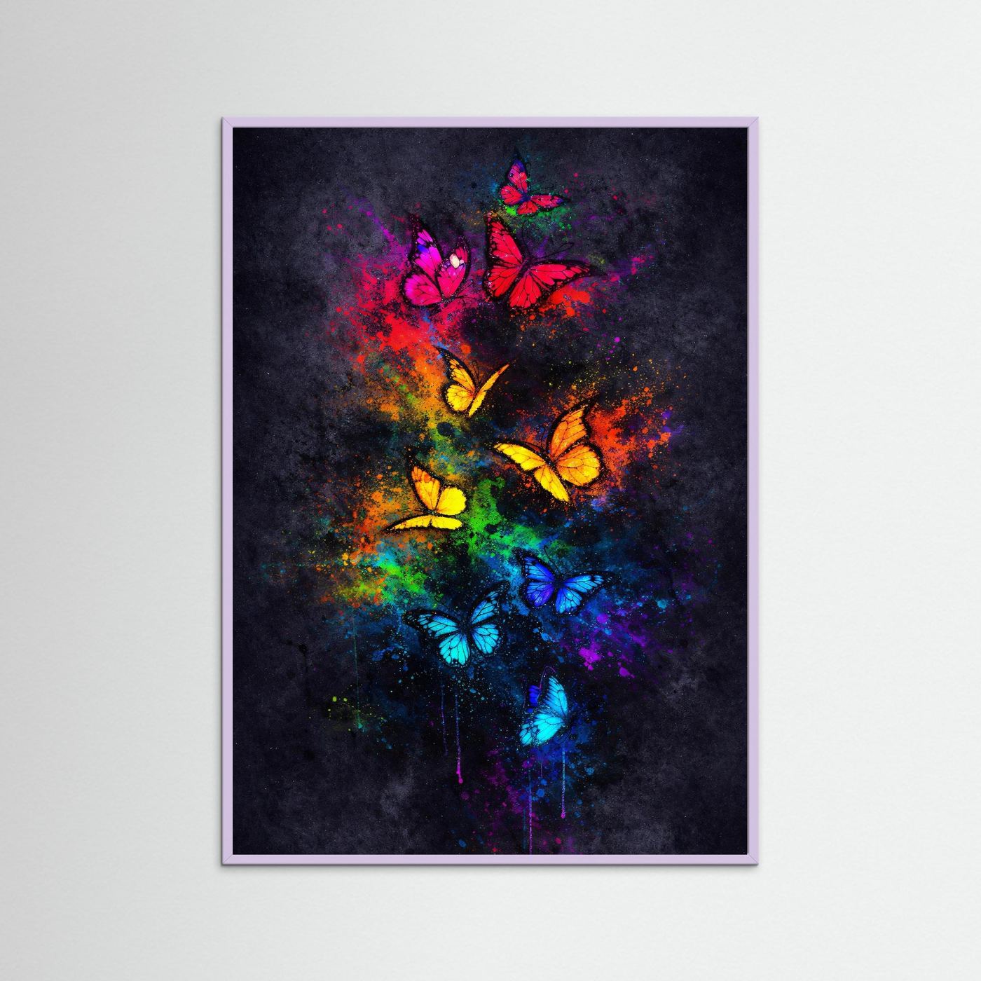 Wandbild mit Schmetterlingen in Regenbogenfarben und lila Rahmen