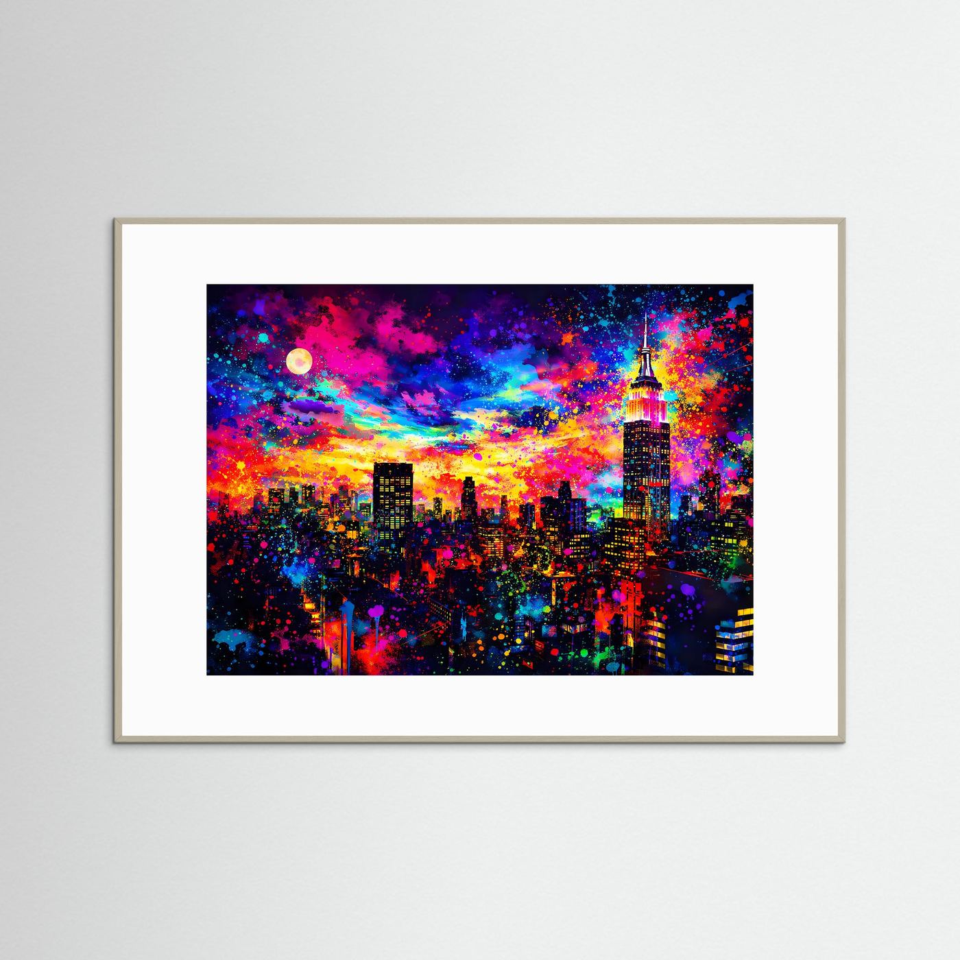 Wandbild mit grauer Holz-Einfassung und weißem Passepartout, farbige Skyline bei Nacht im Querformat