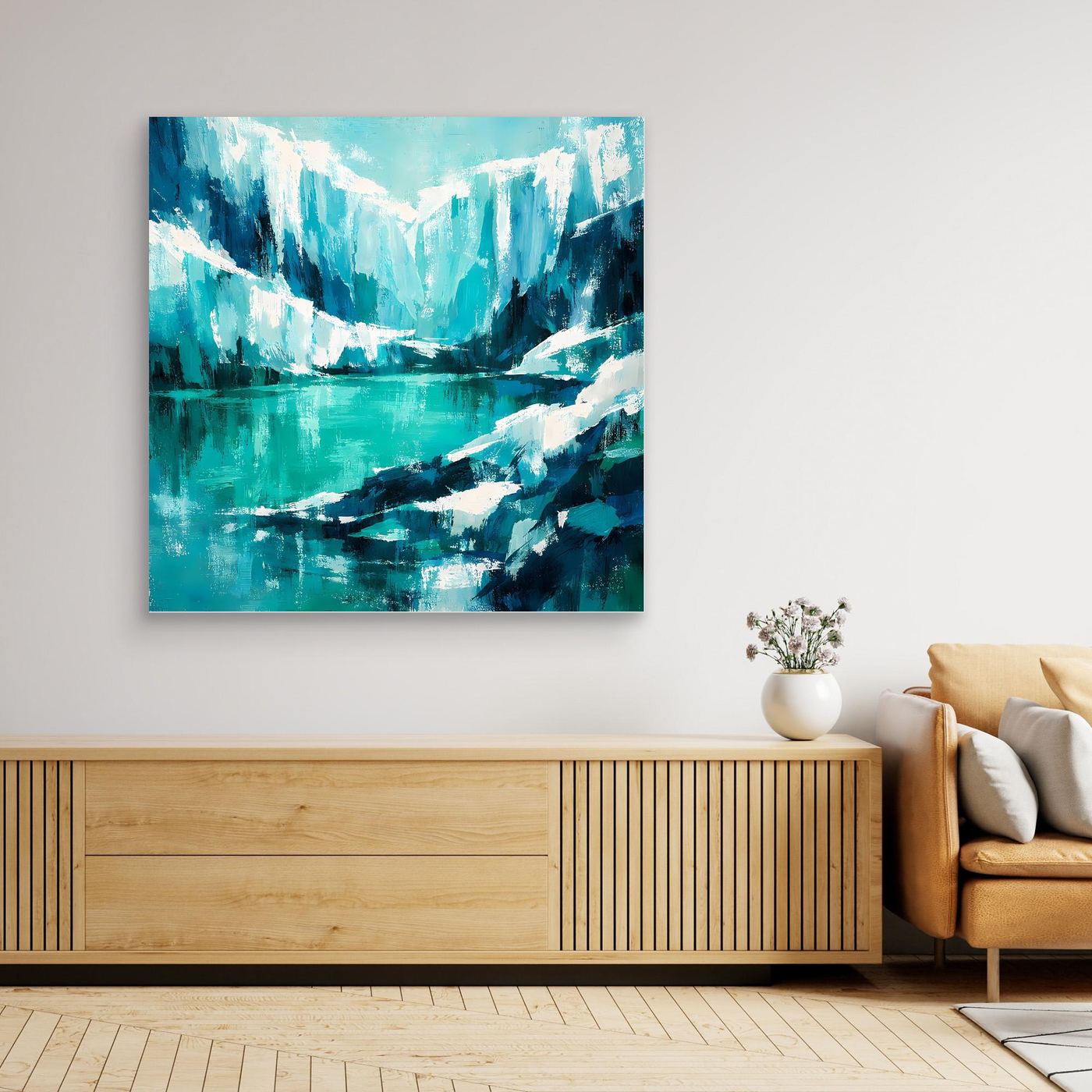 Abstraktes Wandbild mit Eisbergen und Ozean in Blau‑Türkis, ohne sichtbaren Rahmen