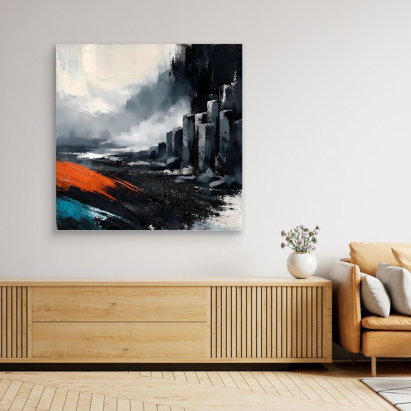 Leinwand Abstraktes Basaltsäulen Gemälde | Modernes Isländisches Vulkan Wandbild Schwarz Orange