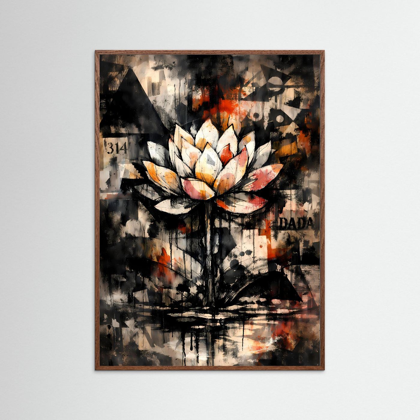 Kunstposter mit abstrakter Lotusblüte in Graphitschwarz, Altweiß & Rostorange, brauner Holzrahmen