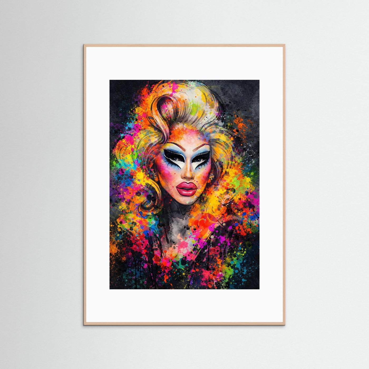 Gerahmtes Poster mit Drag-Queen-Porträt im Farbspektrum, weiße Passepartout