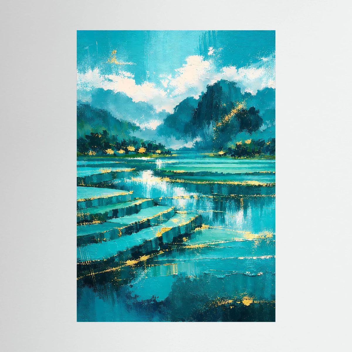 Hochformatiges Poster mit abstrakter Landschaft, türkis-blauem Fluss und Bergen, ohne Rahmen