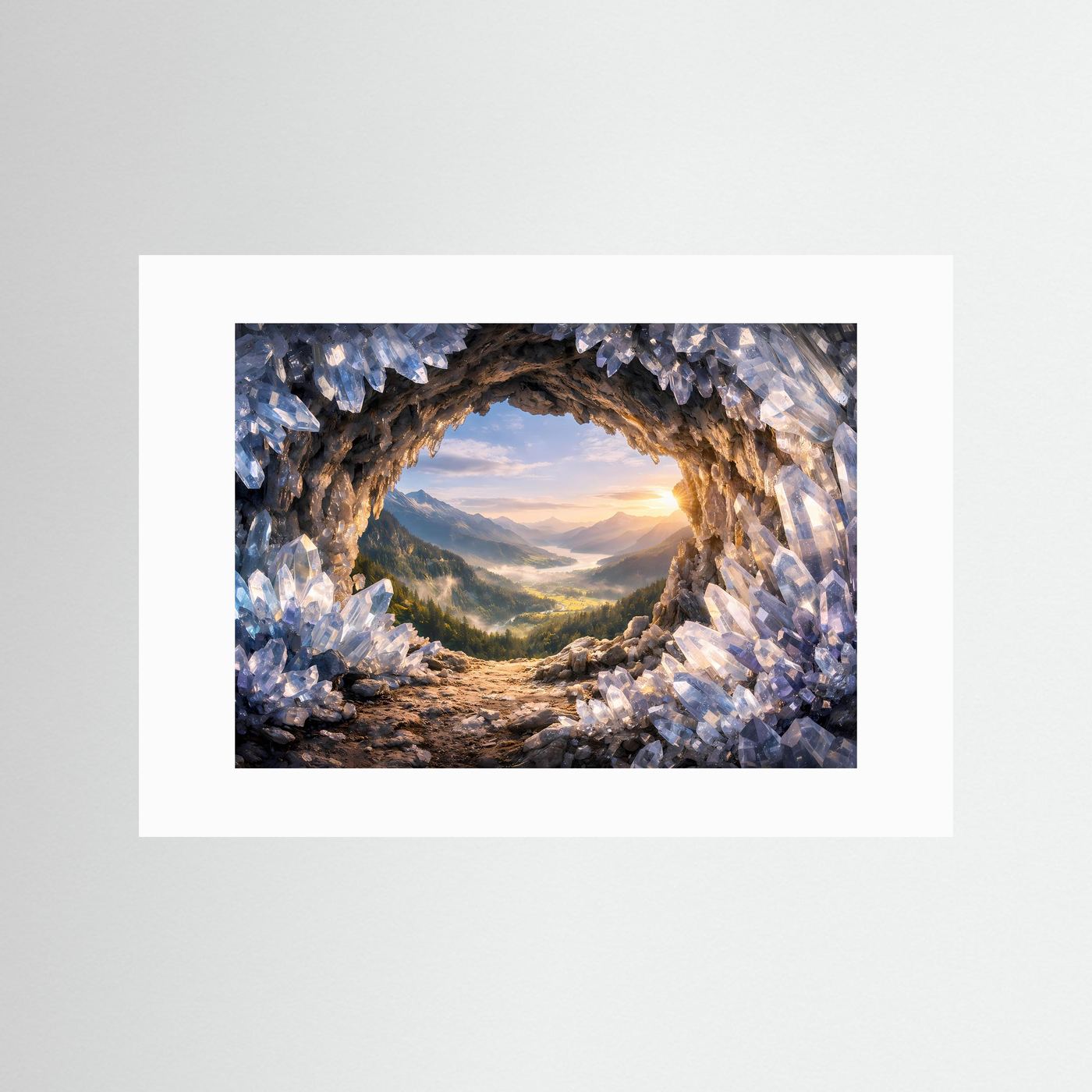 Poster mit weißem Passepartout im Querformat: Kristallhöhle und Blick ins Almental
