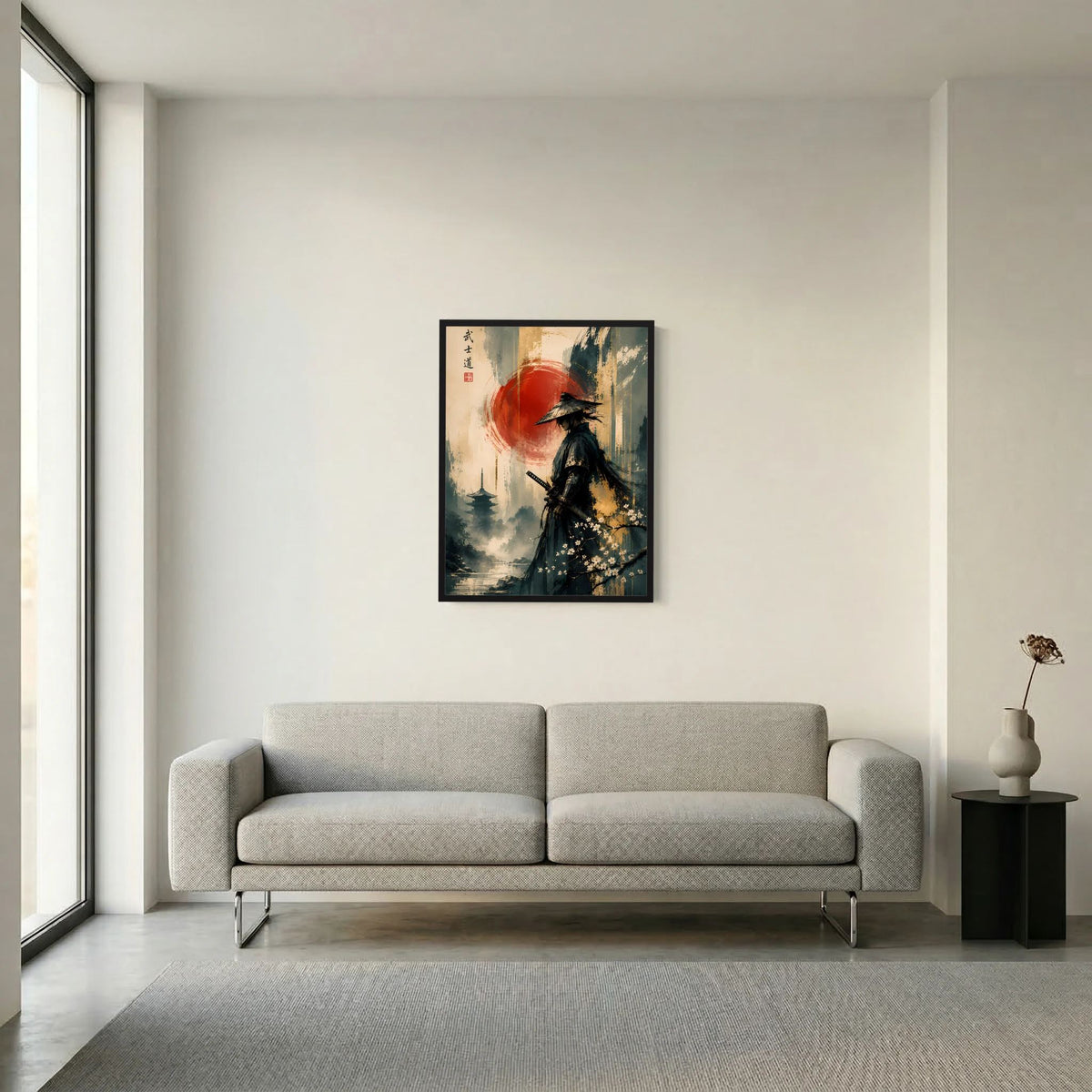 Gerahmtes Hochformat-Poster: Samurai vor roter Sonne, Berge im Dunst und Landschaftsstil