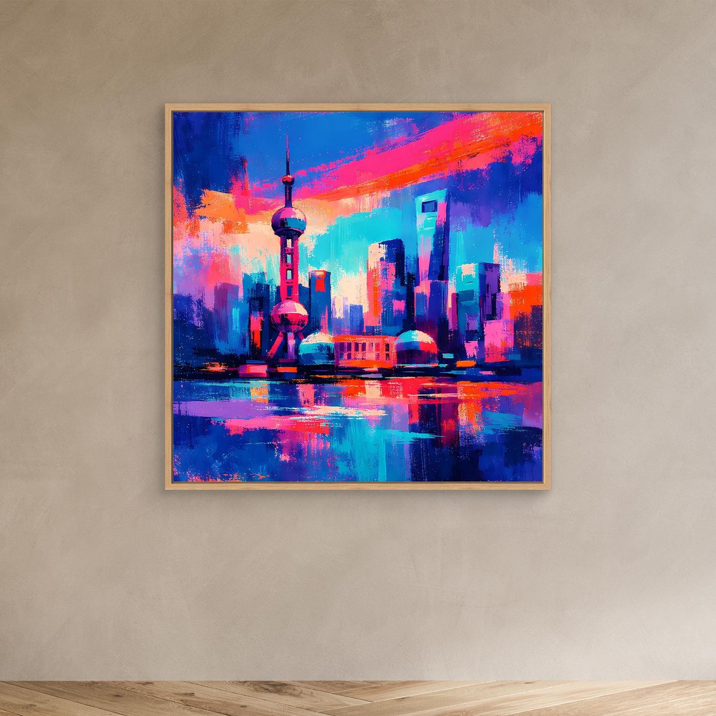 Leinwandbild mit abstrakter Neon-Skyline im Holzrahmen, pink-blau, spiegelndes Wasser