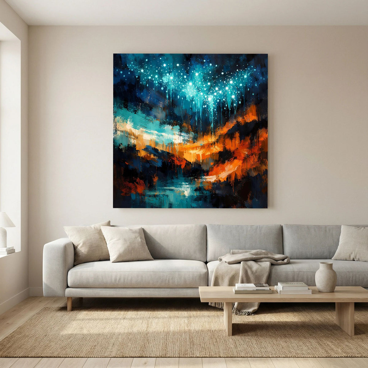 Leinwandbild an der Wand: abstrakte Farbflächen in Türkis, Blau und Orange