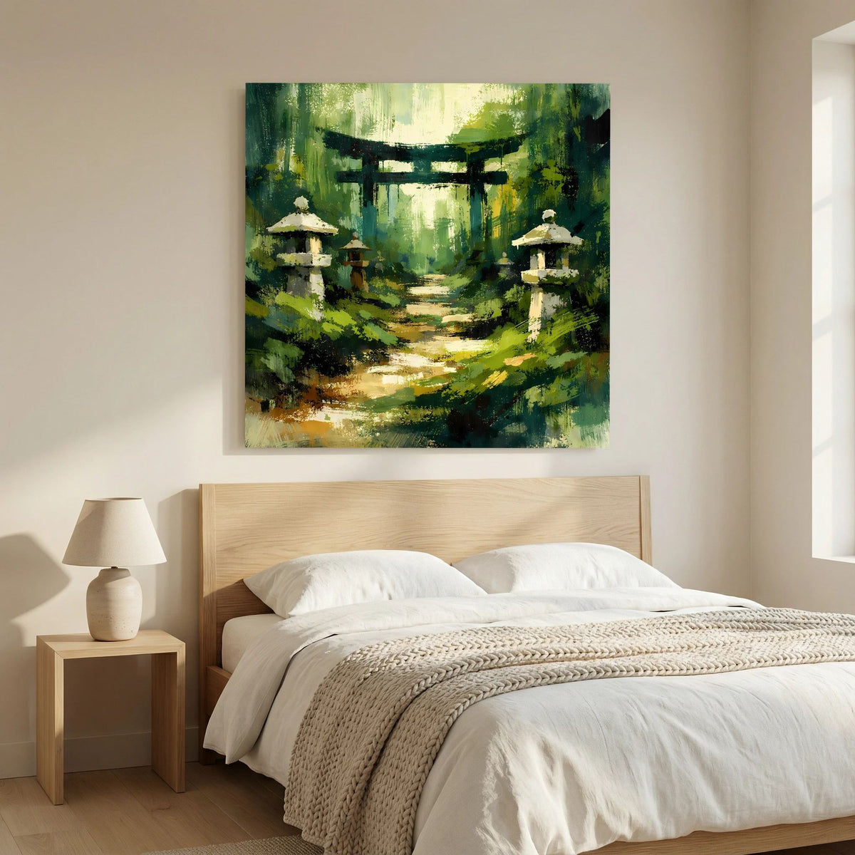 Quadratisches Leinwandbild: Torii-Tor im Wald, heller Weg und Steinlaternen