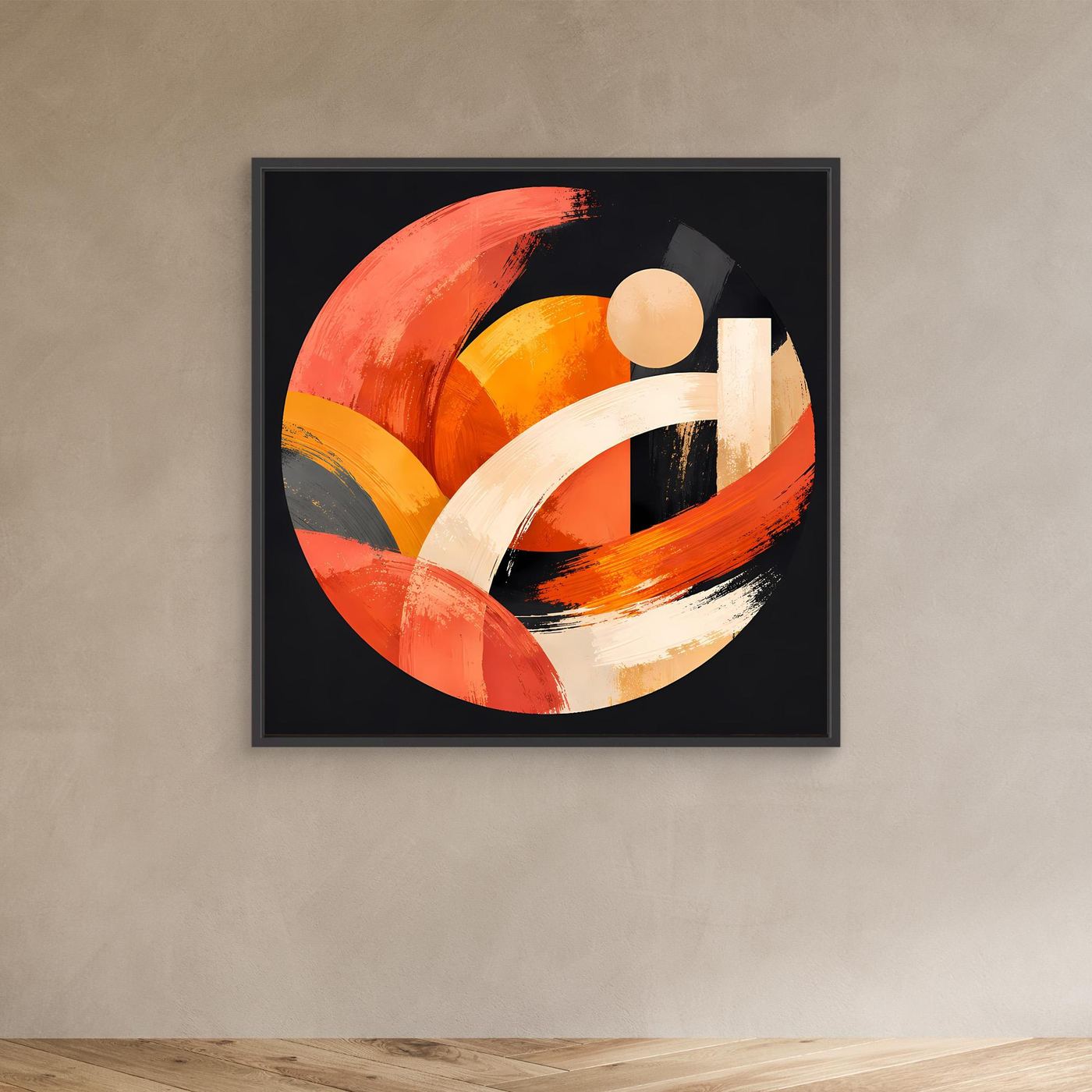 Leinwandbild mit geometrischem Kreis aus Pinselstrichen in Orange, Beige und Weiß, schwarzer Rahmen