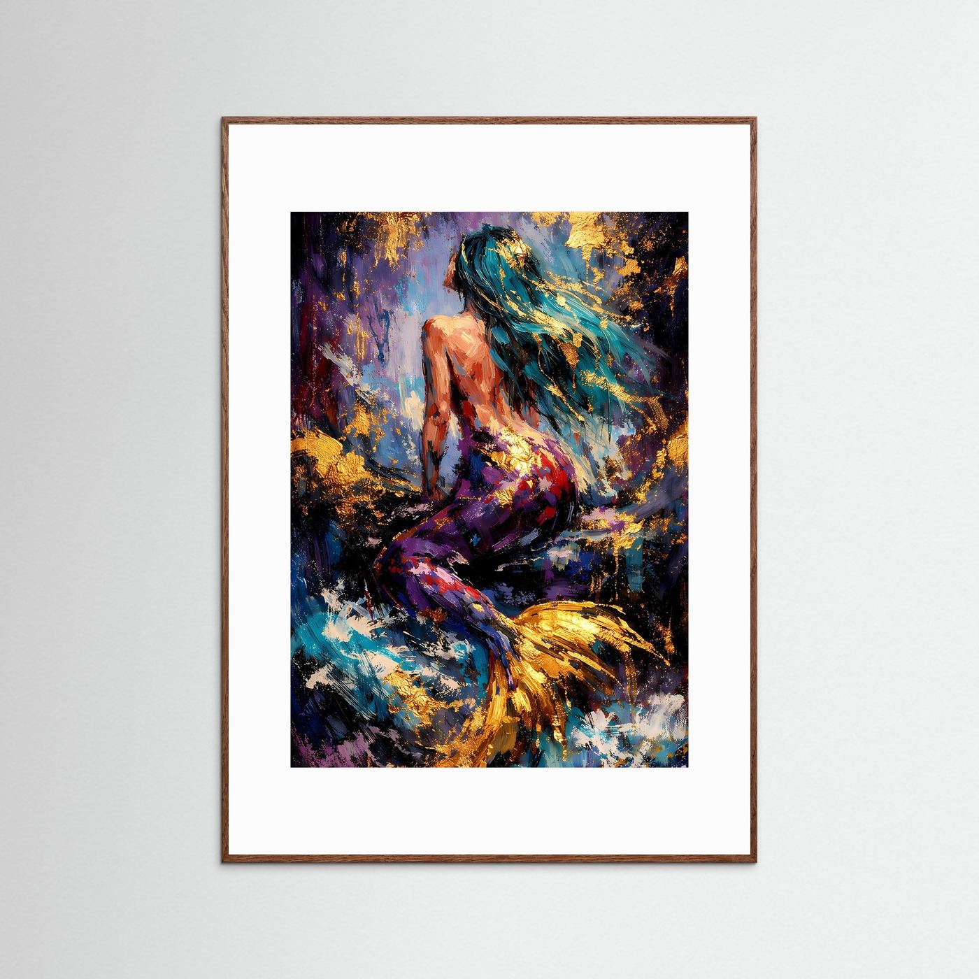 Meerjungfrau-Poster, abstrakt in Türkis/Violett, dunkler Holzrahmen im Hochformat