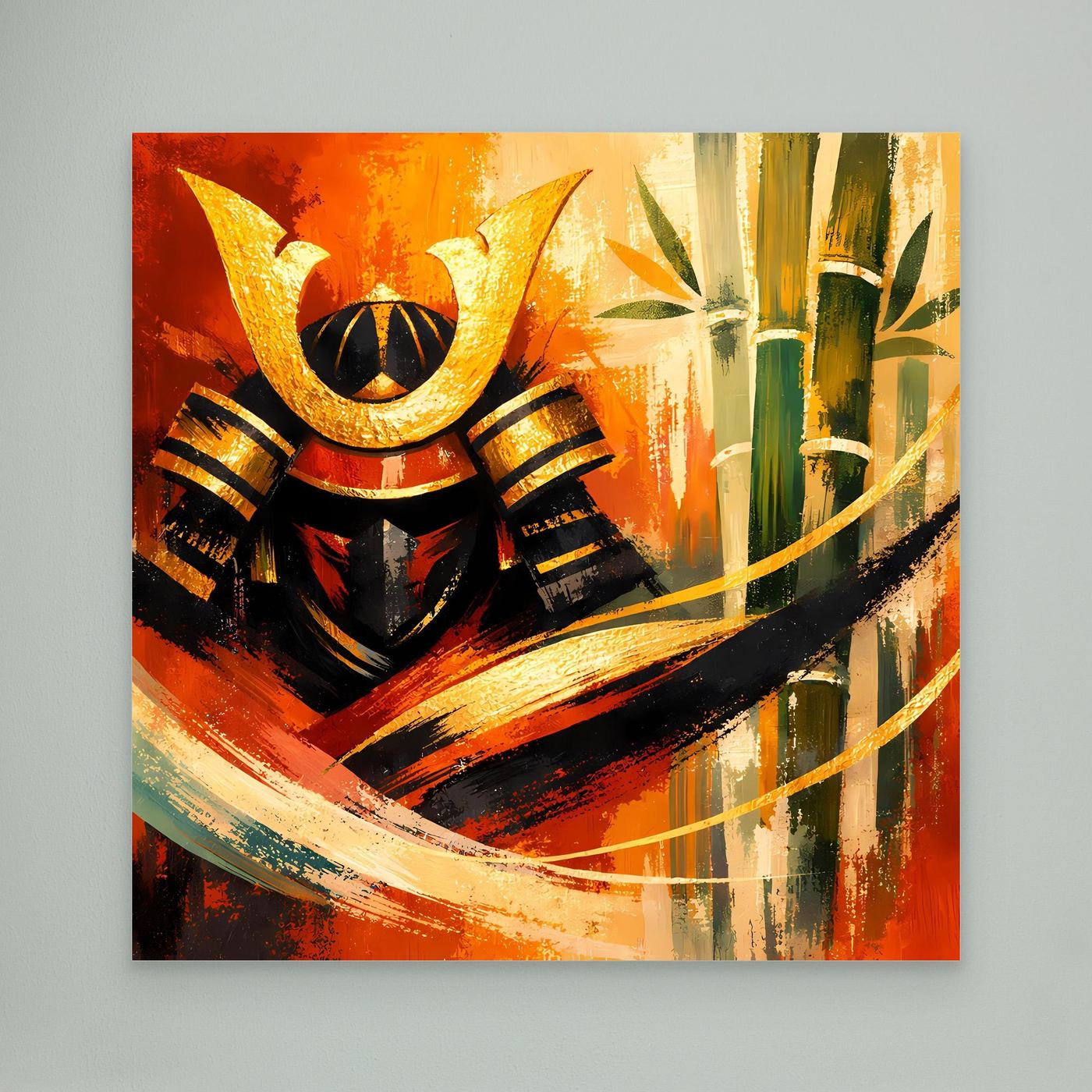 Leinwand-Wandbild mit abstraktem Samurai-Krieger und Bambus, kräftige Rot-Orange-Töne
