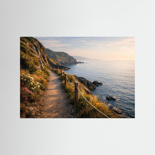 Wandposter mit Küstenpfad entlang der Klippen, Meer und goldener Dämmerung am Horizont.