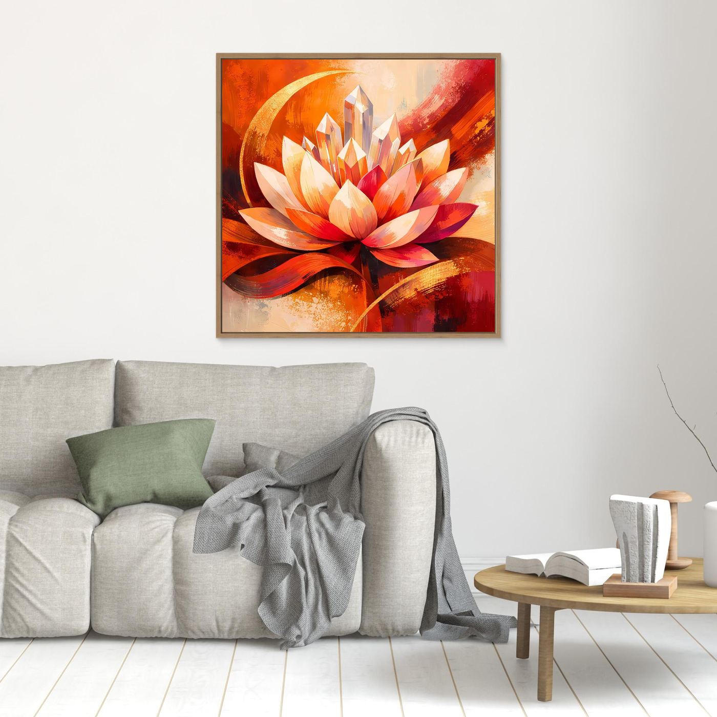 Abstraktes Leinwandbild mit Lotusblüte in Orange und Rot, goldbrauner Rahmen
