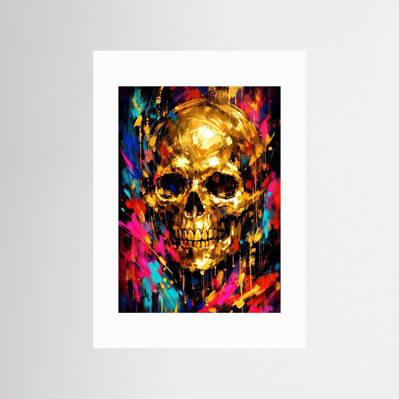 Totenkopf-Kunstposter mit goldenem Schädel und bunten Farbspritzern, mit weißem Passepartout