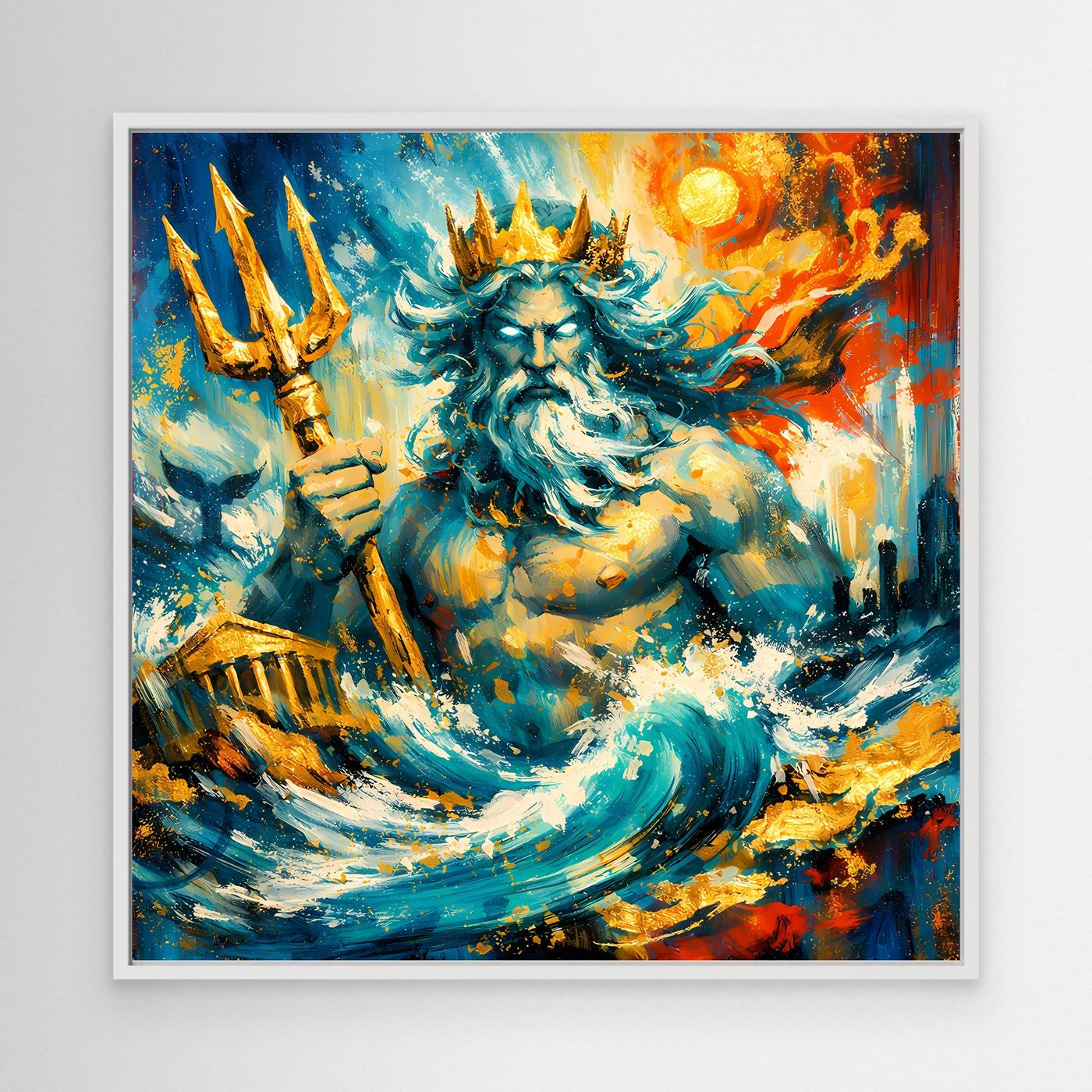 Leinwandbild mit Poseidon-Gestalt, goldenen Speeren und Wellen, weißer Rahmen