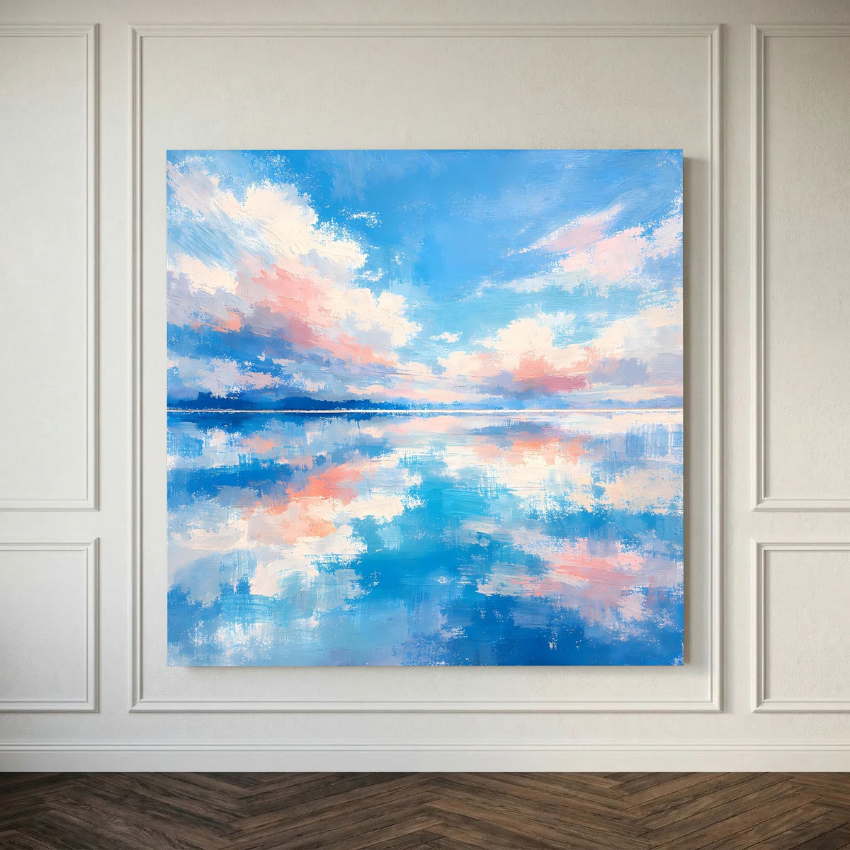 Quadratisches Leinwand-Wandbild auf Keilrahmen mit reflektierendem Wasser und Wolken in Blau