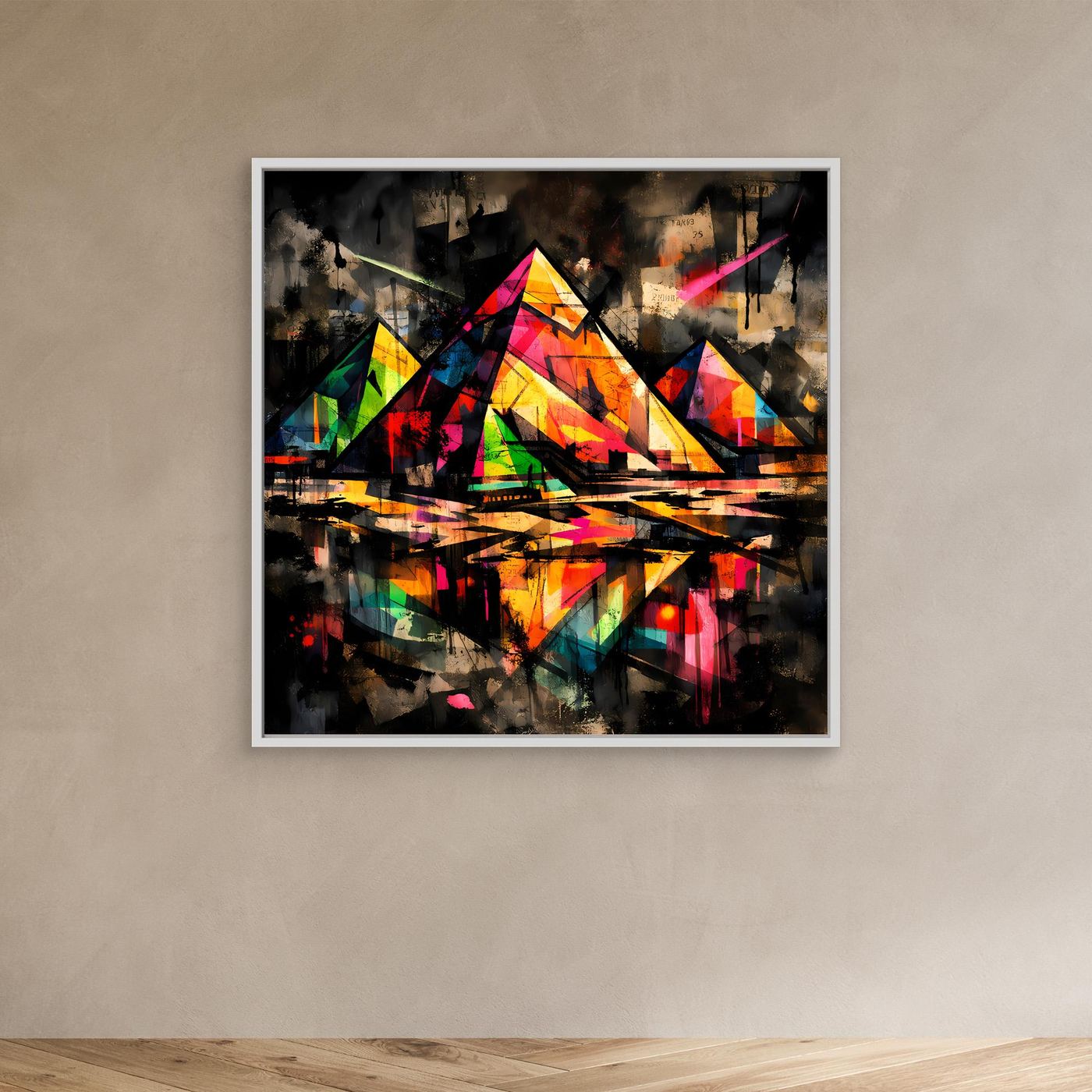 Leinwandbild: abstrakte bunte Pyramiden im Street-Art-Stil, dunkler Hintergrund, weißer Rahmen