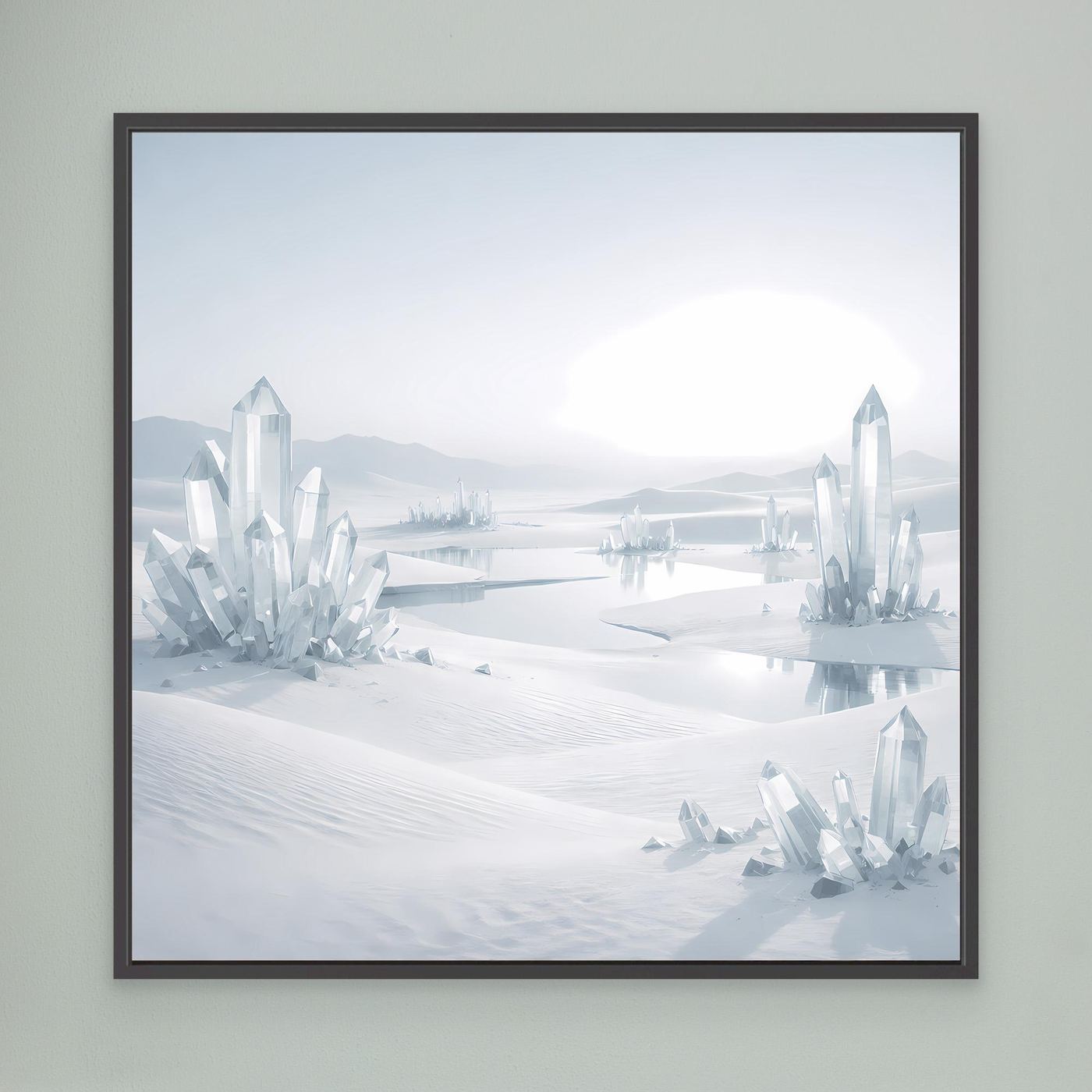 Leinwandbild mit schwarzem Rahmen: kristallklare Winterlandschaft mit Eisbergen und Schnee.