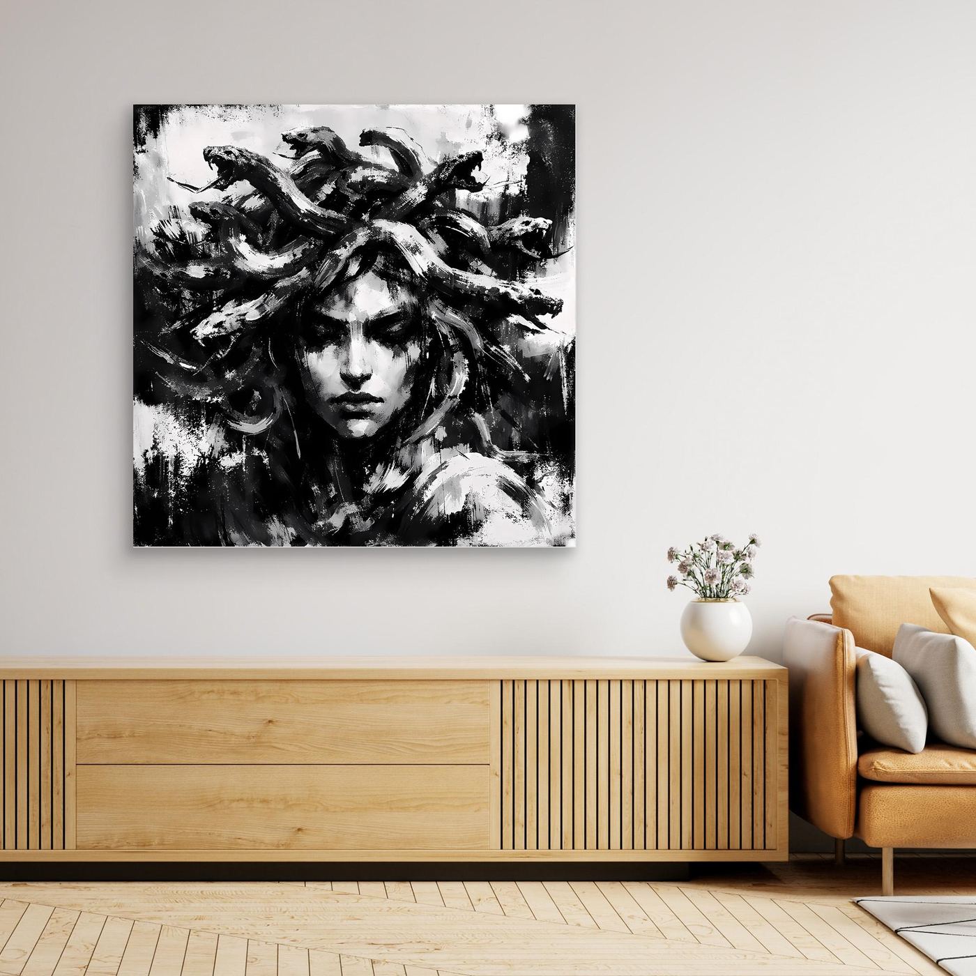 Abstract Medusa canvas wall art, black-and-white figure with dynamic brushwork hair