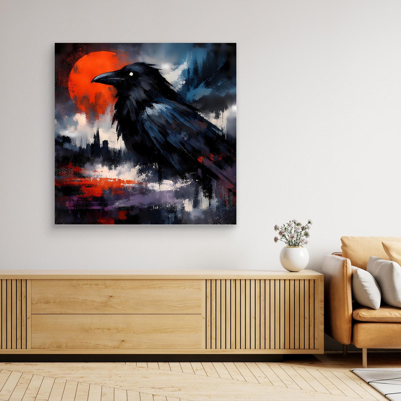 Ungefasstes Leinwand-Wandbild mit schwarzem Rabenmotiv vor rotem Vollmond