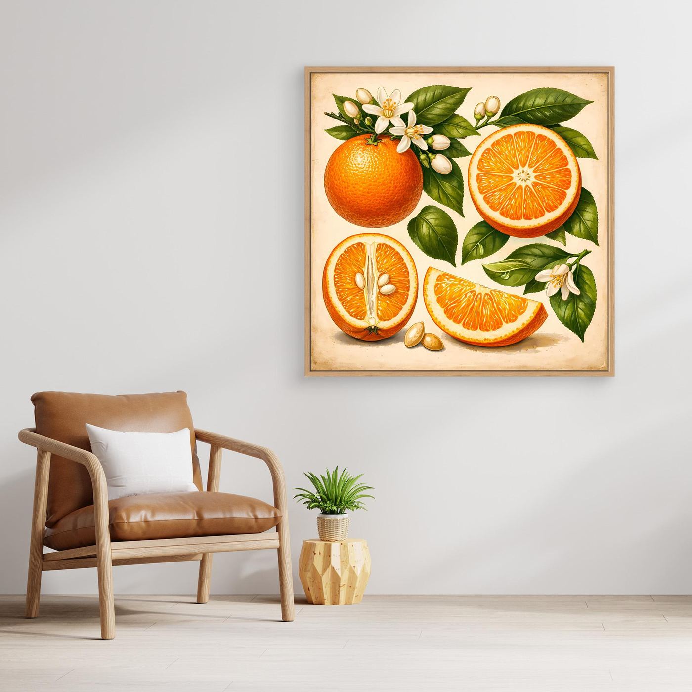 Leinwandbild mit Zitrusmotiven: Orangen, Blätter und Blüten, heller Holzrahmen