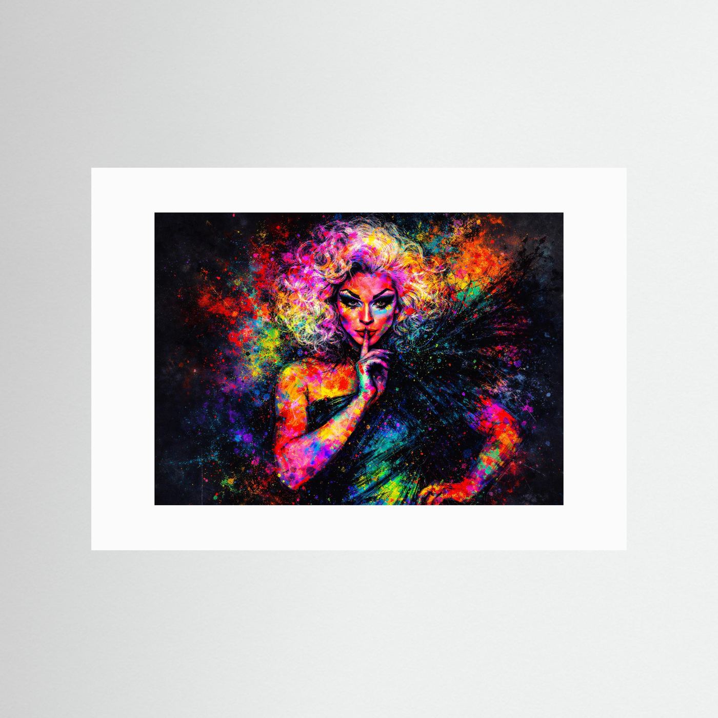 Glamouröse Drag Queen im Farbexplosion-Stil | Pop-Art Porträt Poster Querformat