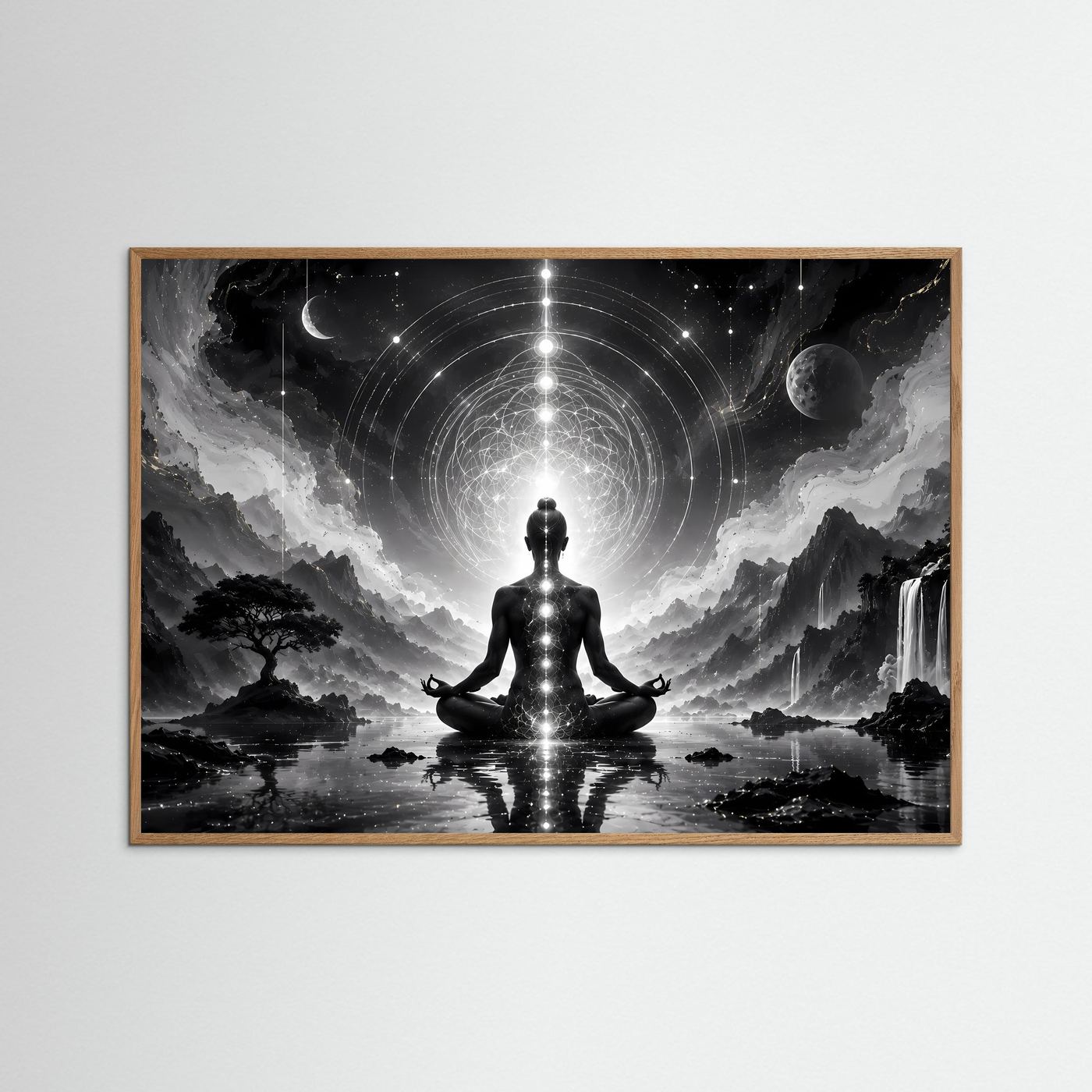 Meditation Schwarz Weiß | Spirituelles Wandbild mit Chakren & Heiliger Geometrie