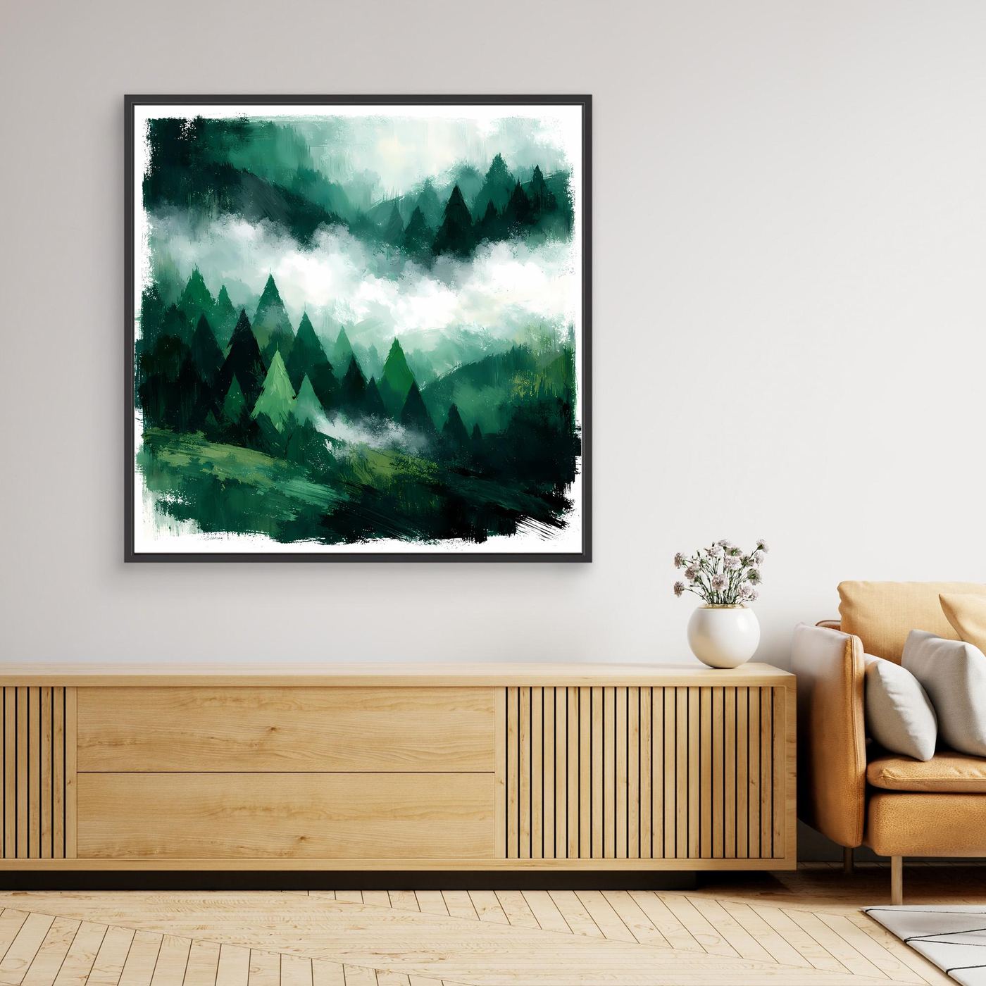 Leinwand Magischer Nebelwald in den Bergen | Abstraktes Tannenwald Wandbild