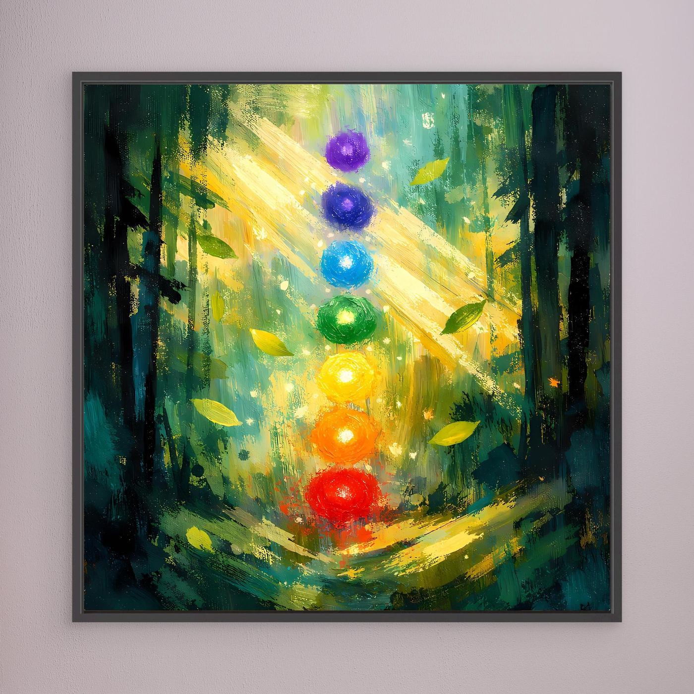 Leinwand-Wandbild mit farbigen Chakren im Wald, schwarz gerahmt