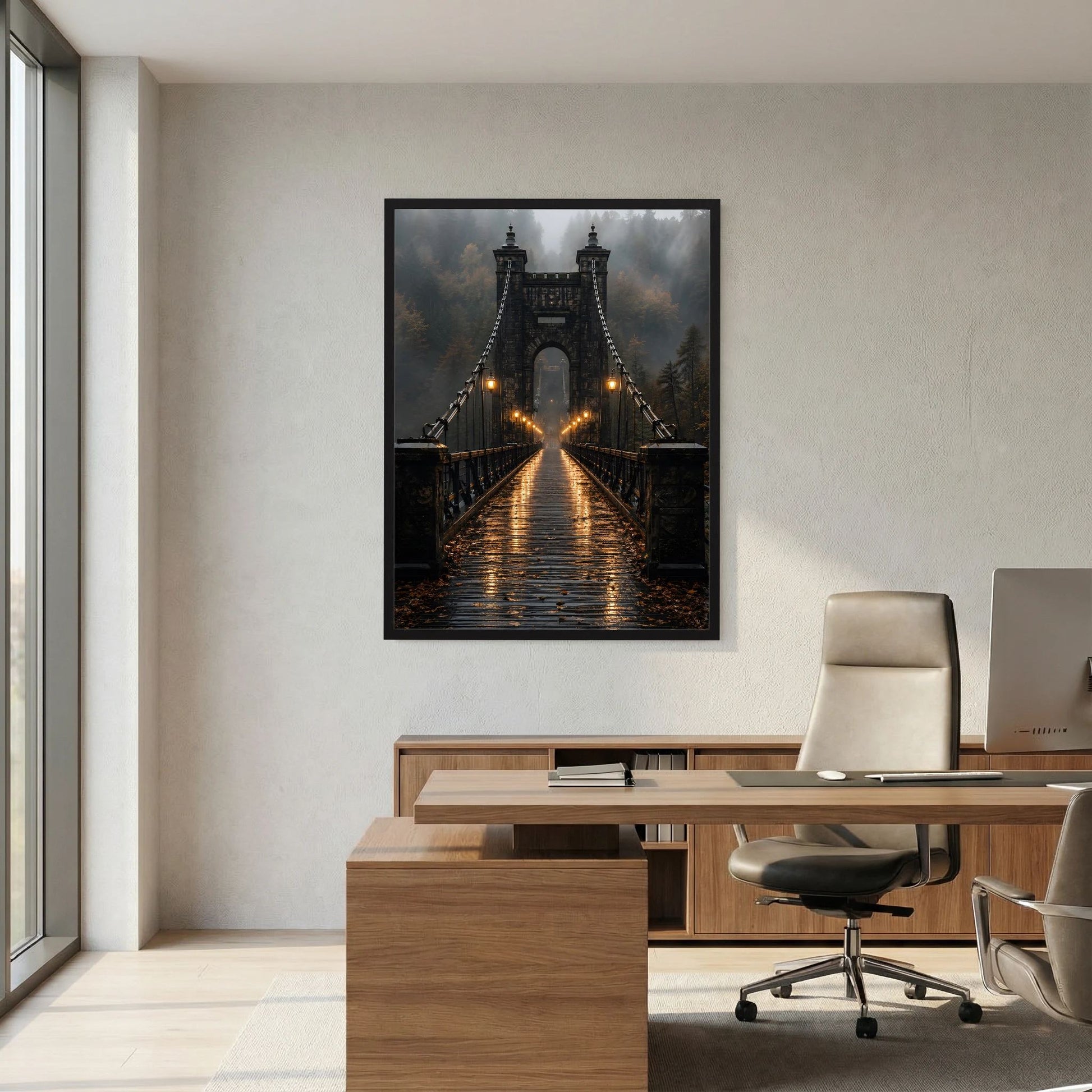 Hochformat-Poster: Blick auf die Hängebrücke, Laternen beleuchten die Brückenmitte