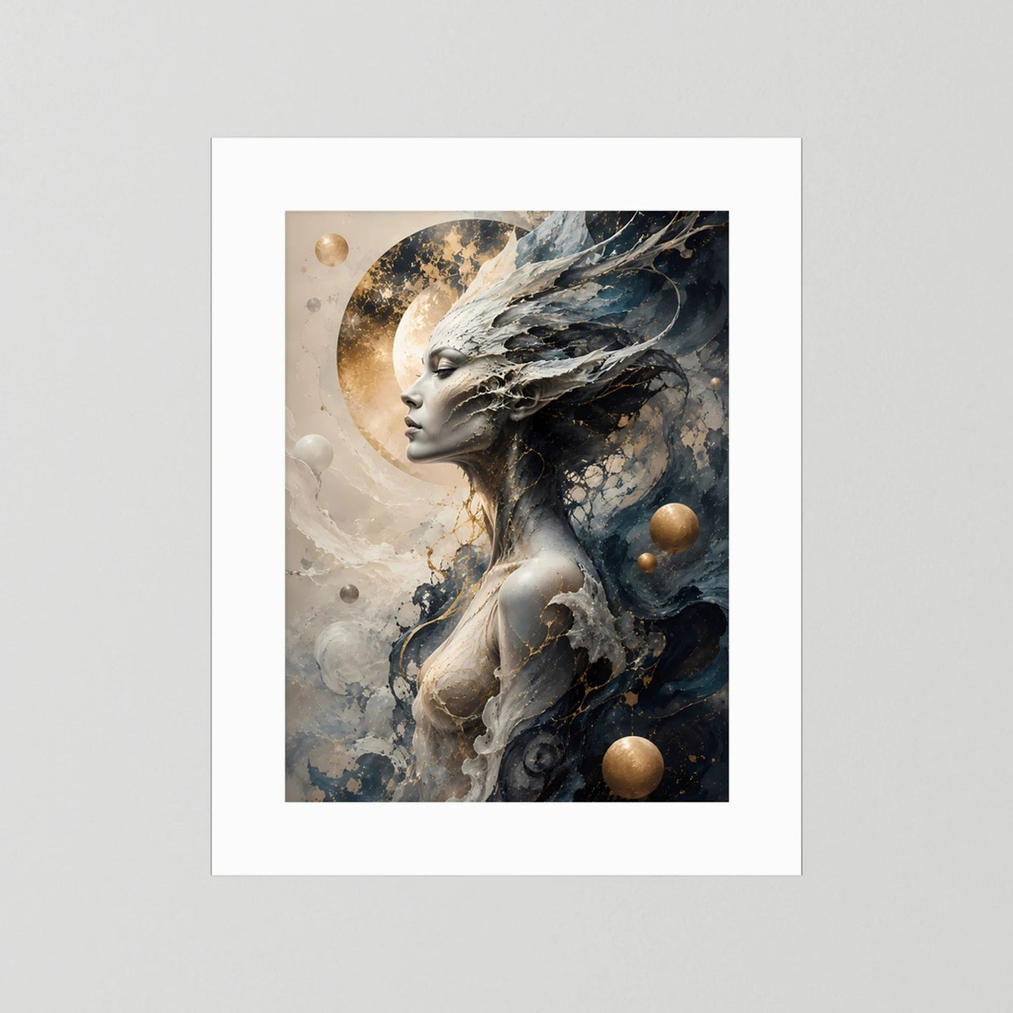 Kosmische Göttin | Mystische Fantasy Frau in Schwarz Gold | Poster Hochformat