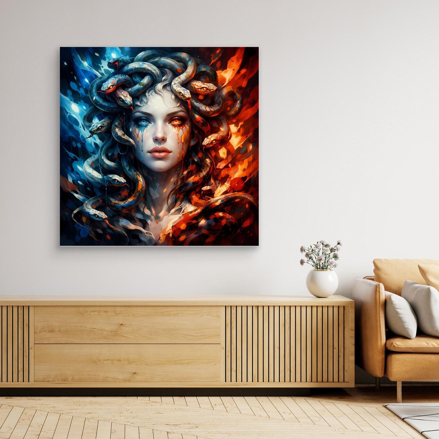 Leinwand Mystische Medusa im Feuer- und Eis-Kontrast | Modernes Fantasy Wandbild