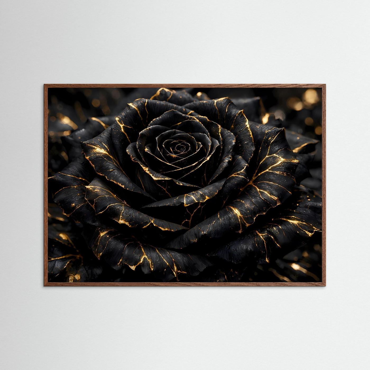 Wandbild mit schwarzer Rose und goldenen Adern, brauner Holzrahmenumrandung
