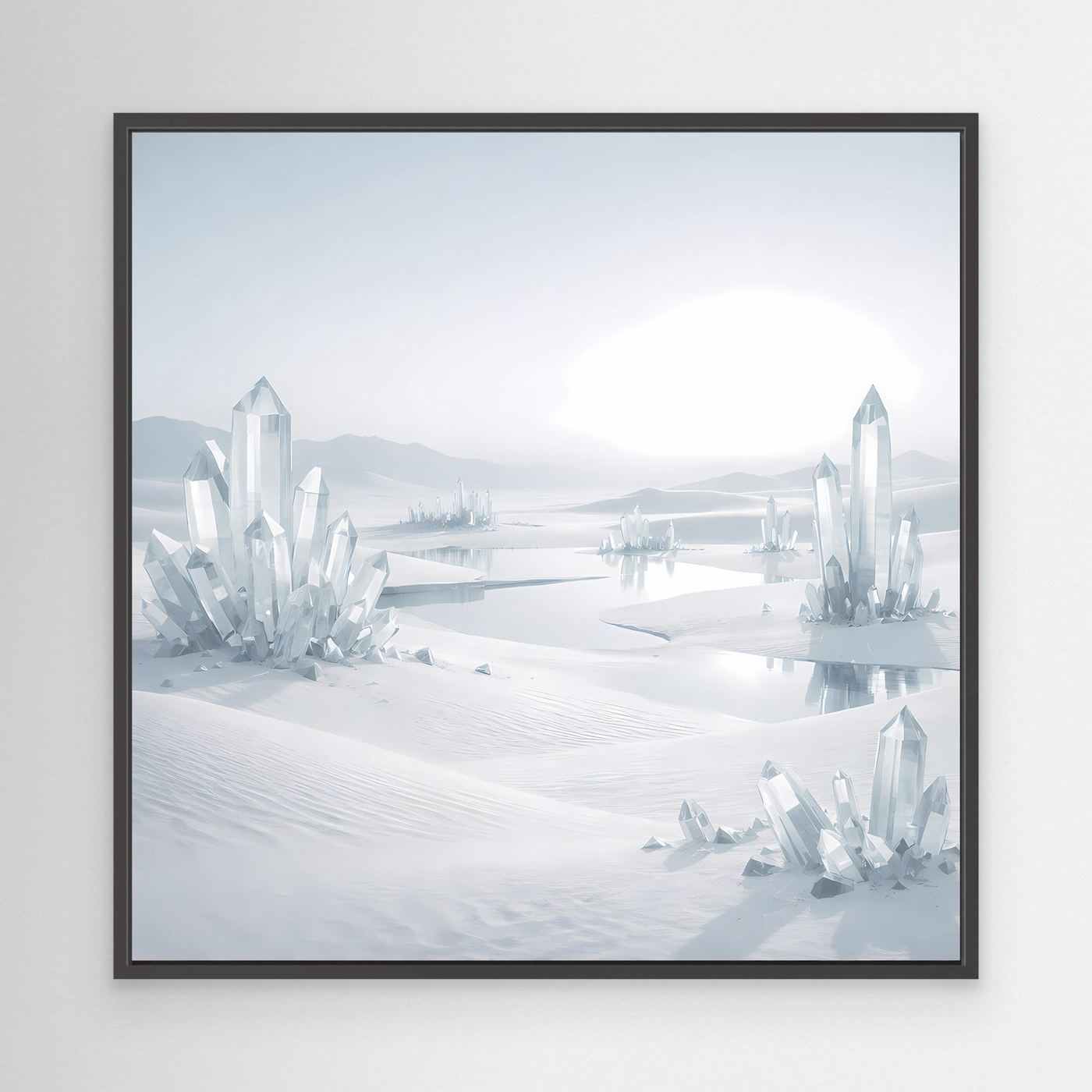 Leinwandbild mit Kristall-Eislandschaft im Winter, schwarzer Rahmen